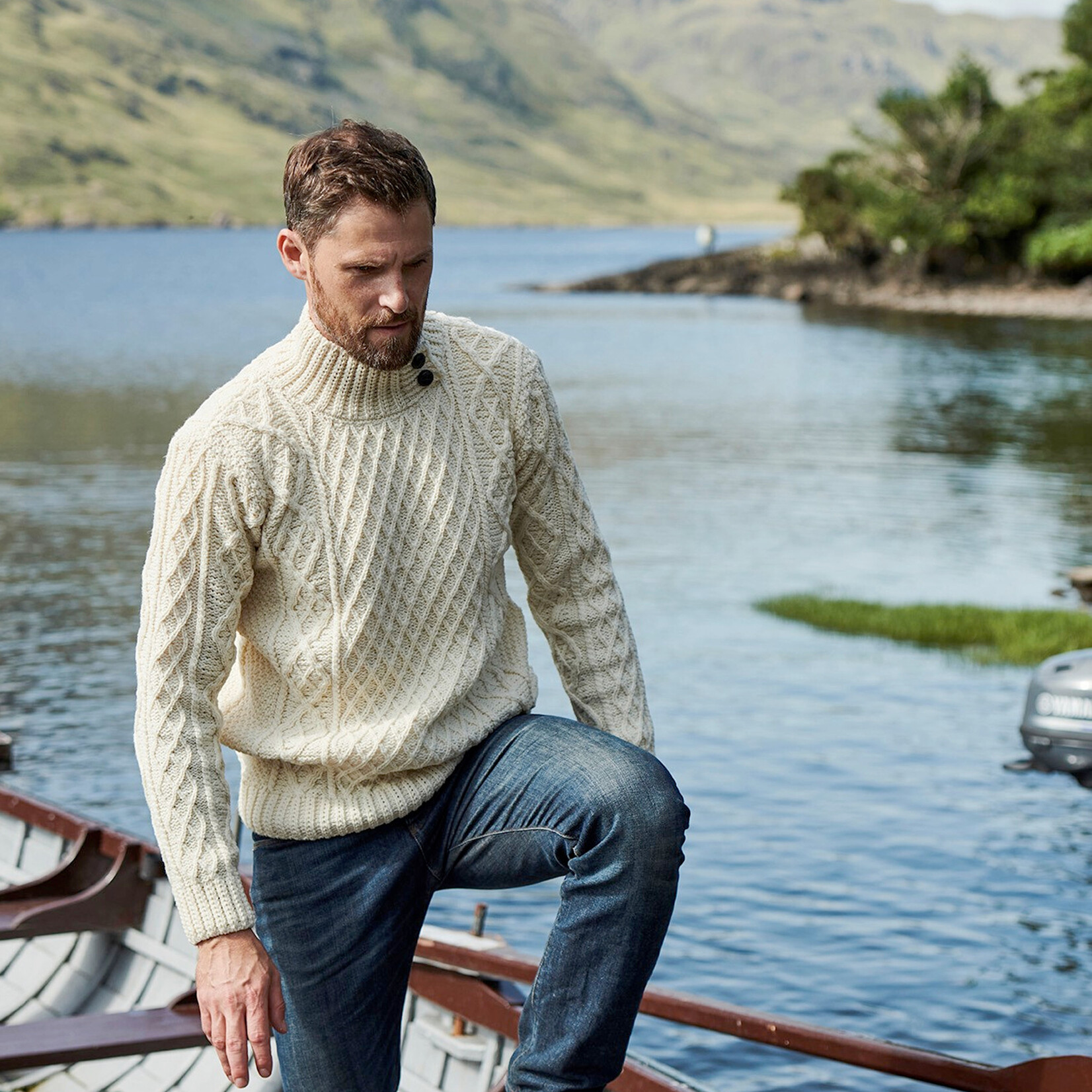 SWEATERS ARAN HIGH NECK BUTTON SWEATER - Natural
