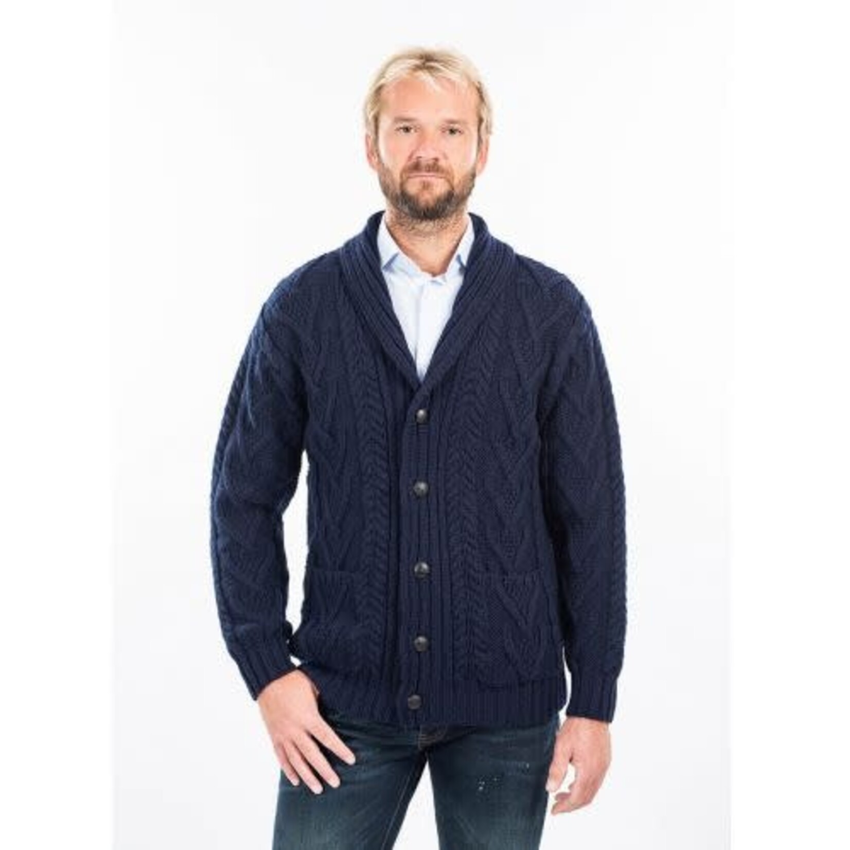 SWEATERS CLEARANCE: SAOL ARAN CABLE SHAWL-COLLAR CARDIGAN - Navy :FINAL SALE