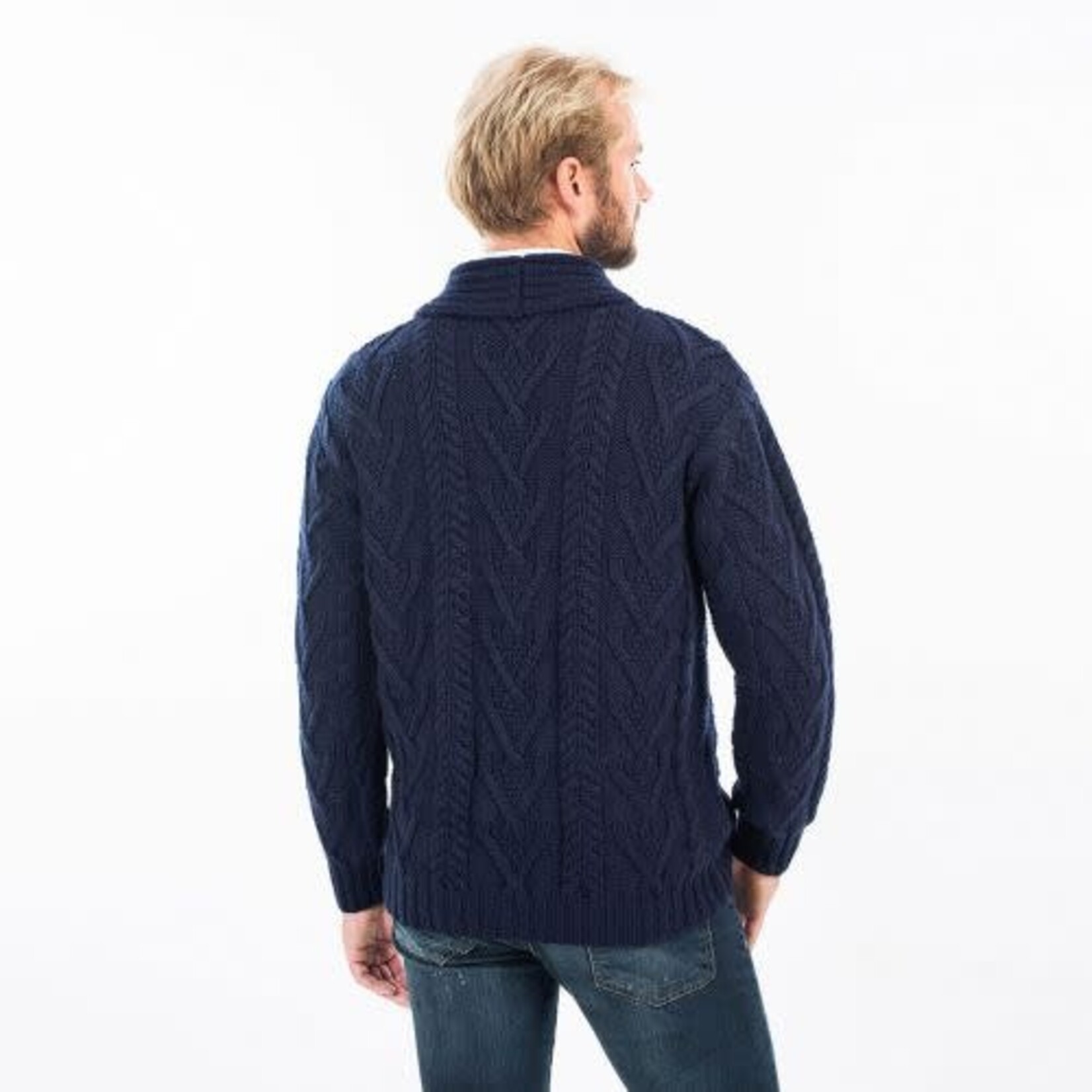 SWEATERS CLEARANCE: SAOL ARAN CABLE SHAWL-COLLAR CARDIGAN - Navy :FINAL SALE