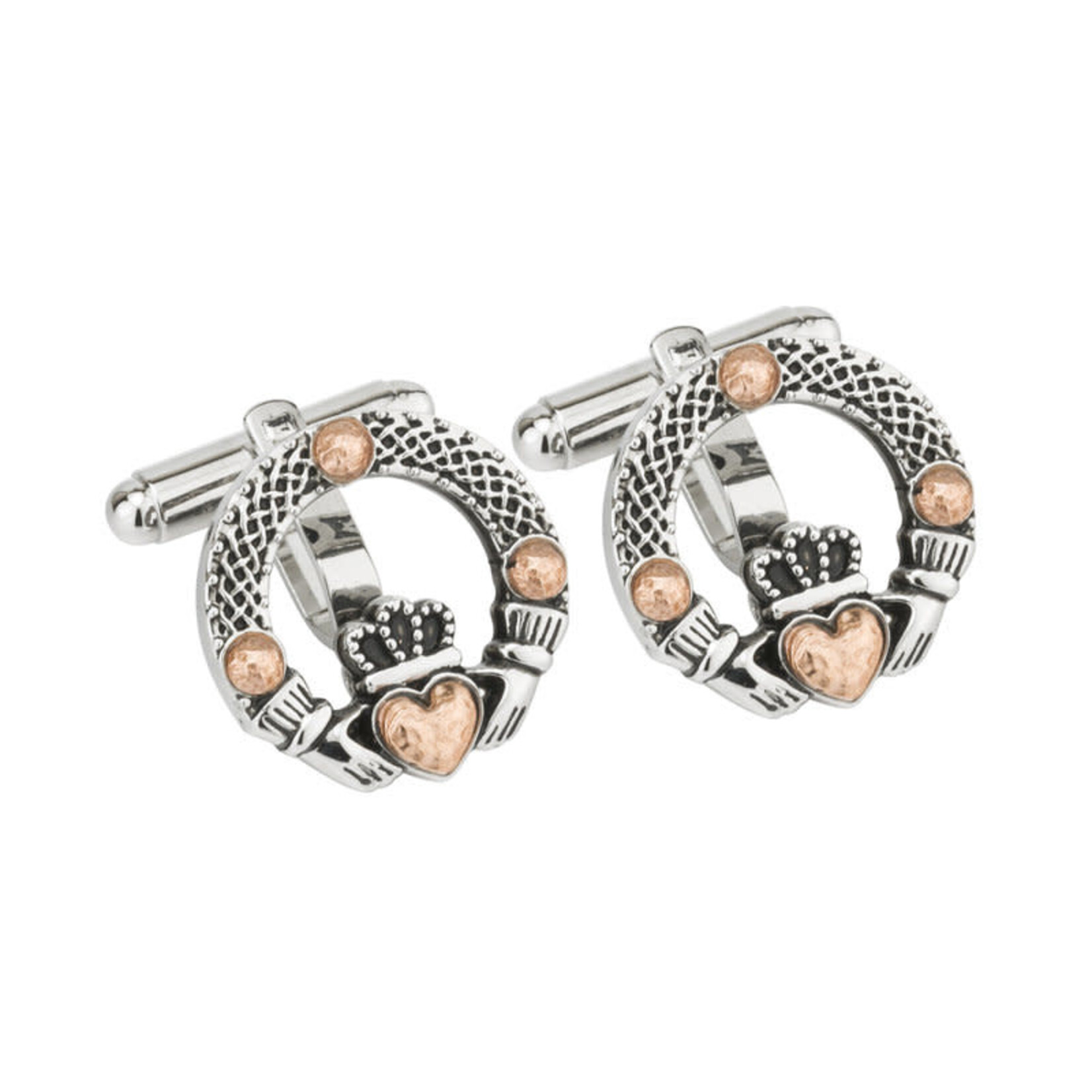 MENS JEWELRY SOLVAR RHODIUM & ROSE GOLD PLATE CLADDAGH CUFFLINKS