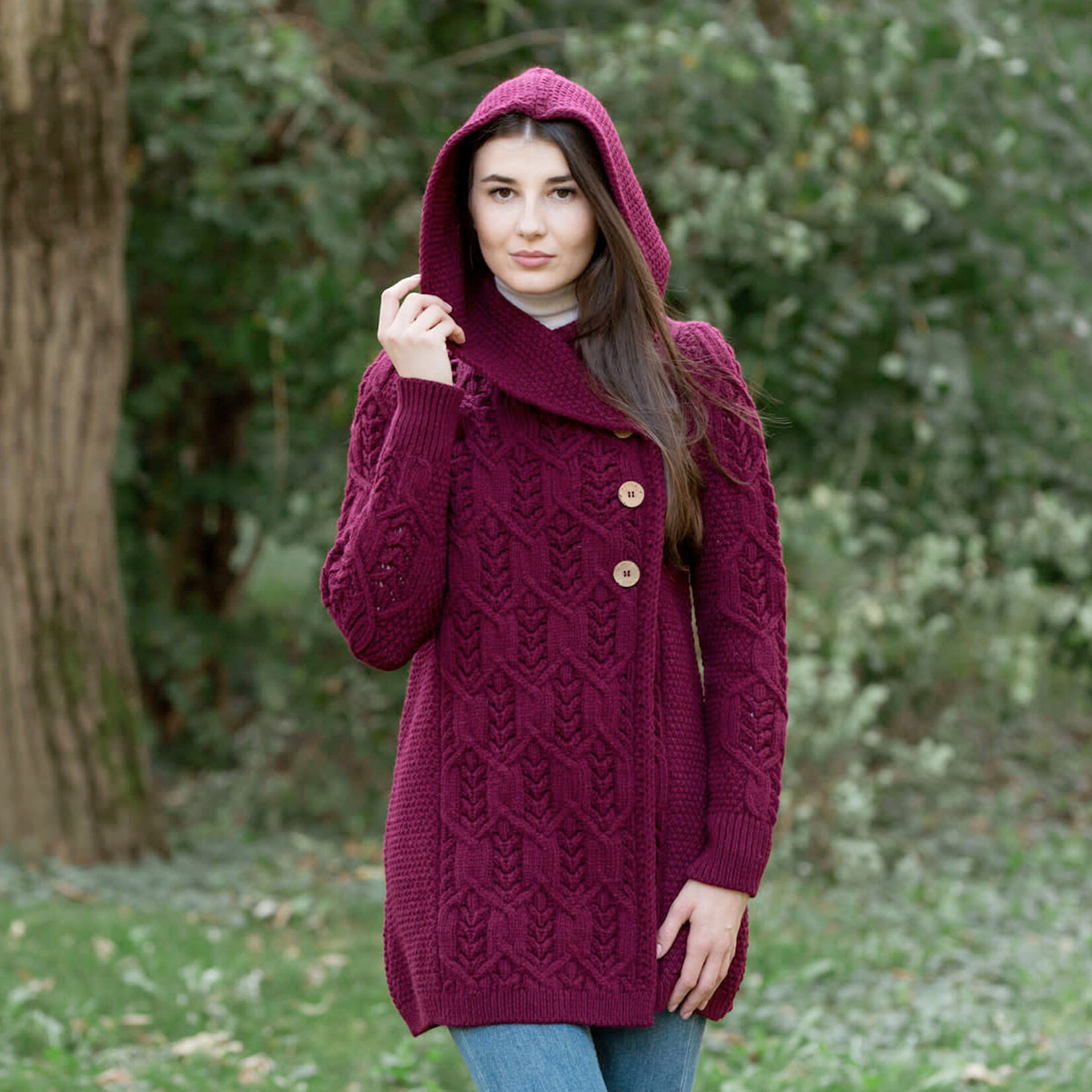 SWEATERS CLEARANCE: SAOL ARAN LEAF COAT - Wine :FINAL SALE