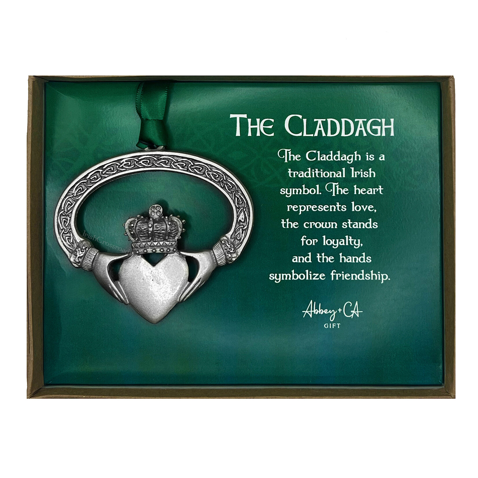 ORNAMENTS BOXED CLADDAGH ORNAMENT w/ GREEN RIBBON
