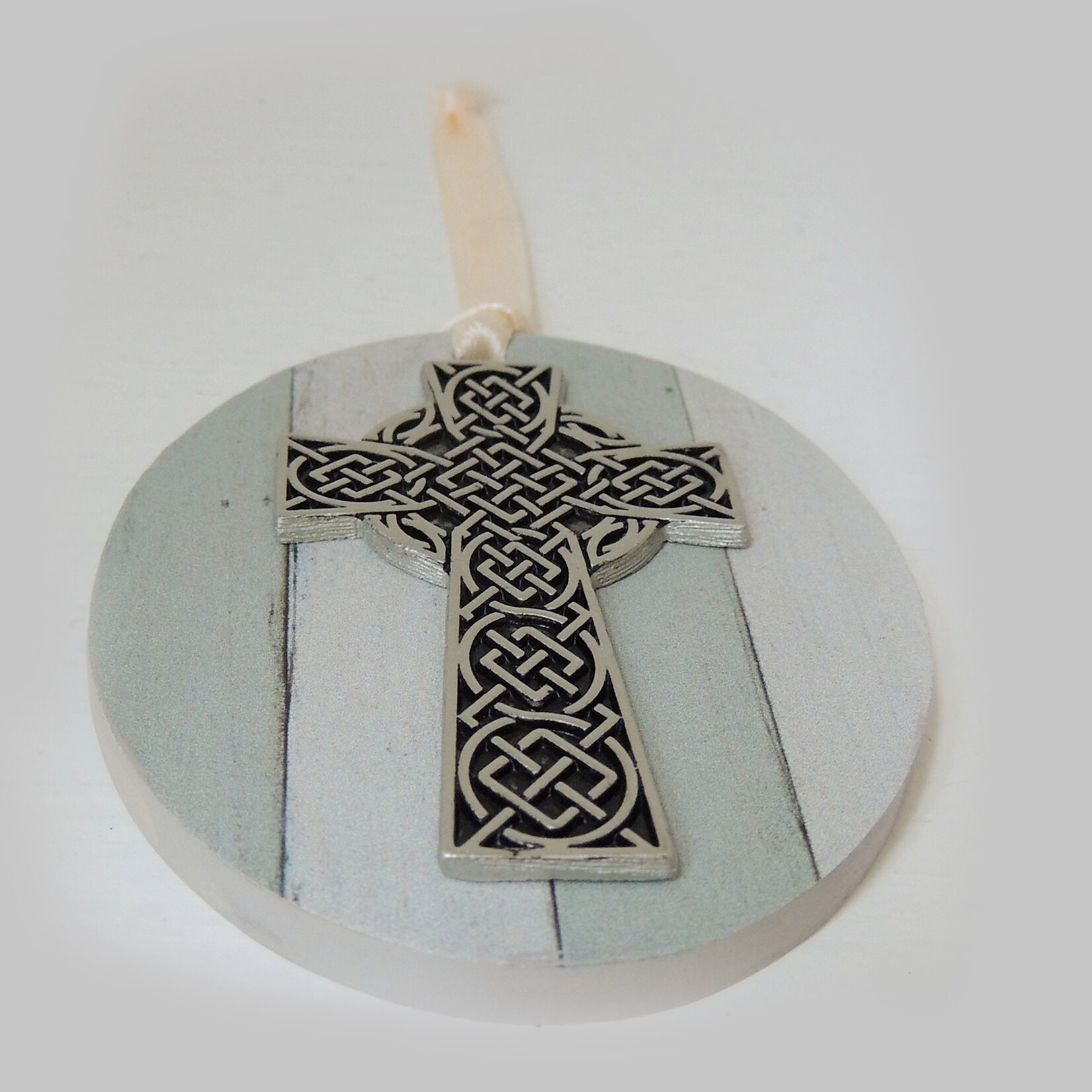 ORNAMENTS BOXED CELTIC CROSS ORNAMENT w/ CREAM RIBBON