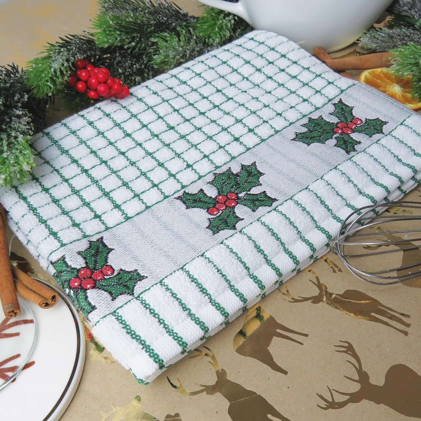 KITCHEN & ACCESSORIES HOLIDAY POLI-DRI JACQUARD TOWELS with HOLLY