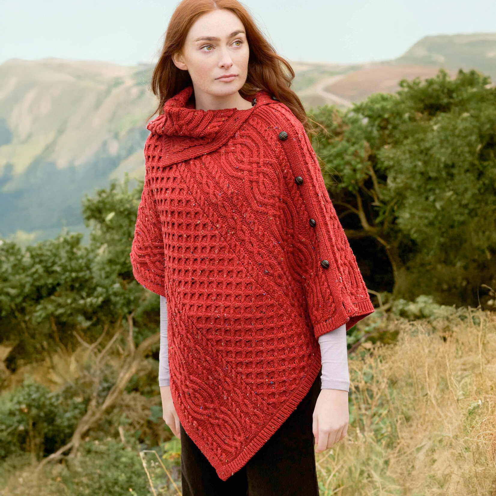 CAPES & RUANAS TIPPERARY COWL NECK PONCHO - Cherry Nep