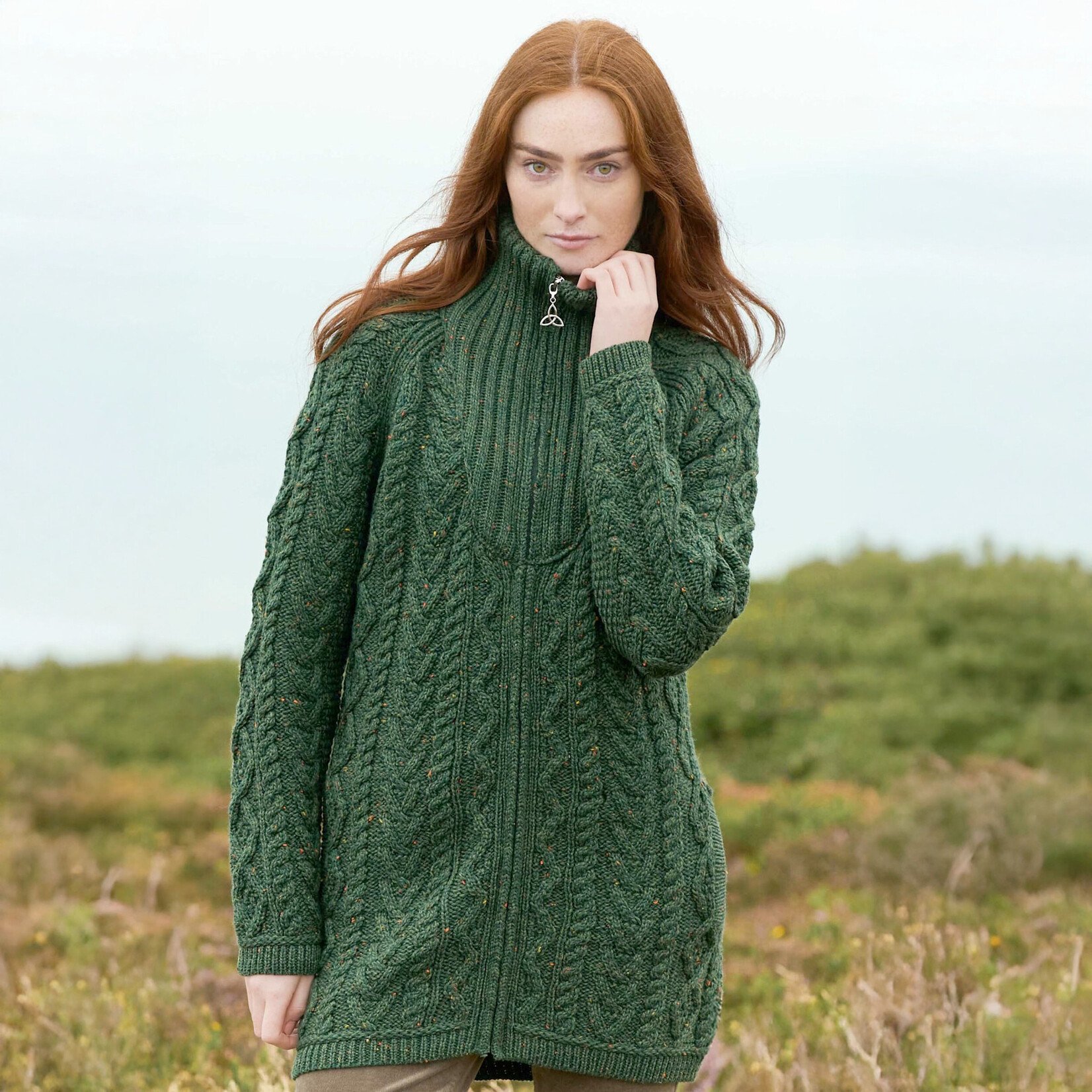 SWEATERS VENTRY TROYER NECK ZIP COAT - Army Nep