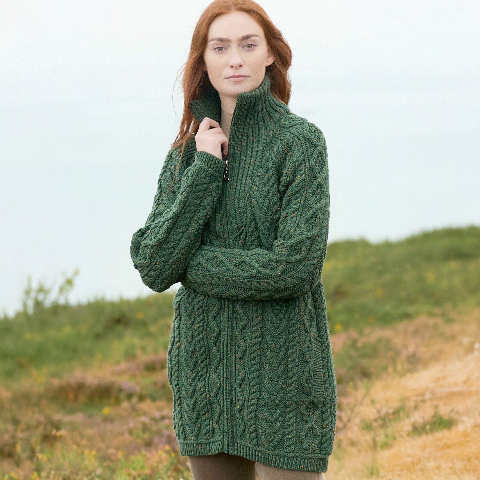 SWEATERS VENTRY TROYER NECK ZIP COAT - Army Nep