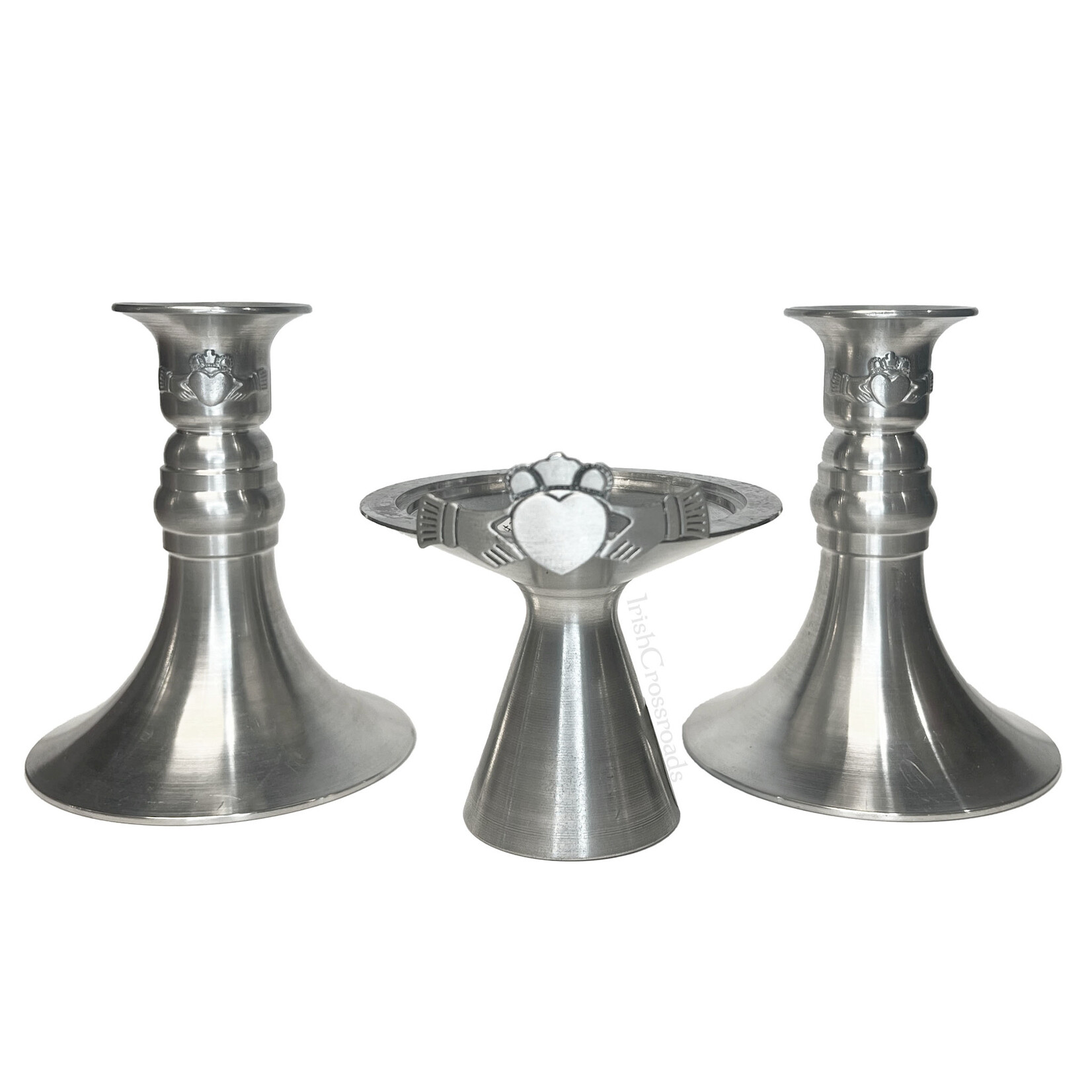 WEDDING ACCESSORIES MULLINGAR PEWTER 3pc CLADDAGH UNITY CANDLE HOLDER SET
