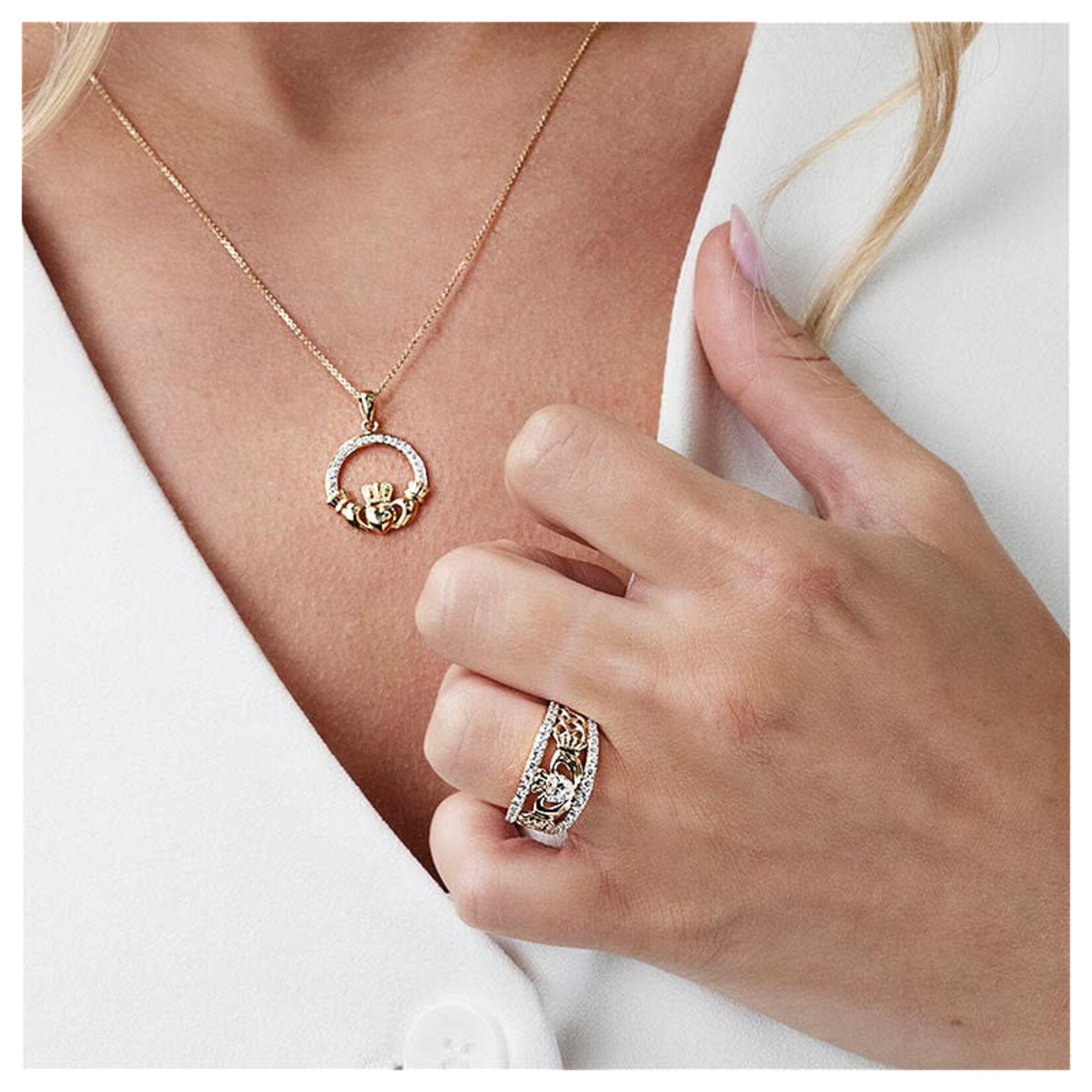 PENDANTS & NECKLACES SHANORE 14K GOLD CLADDAGH PENDANT w LAB GROWN DIAMONDS