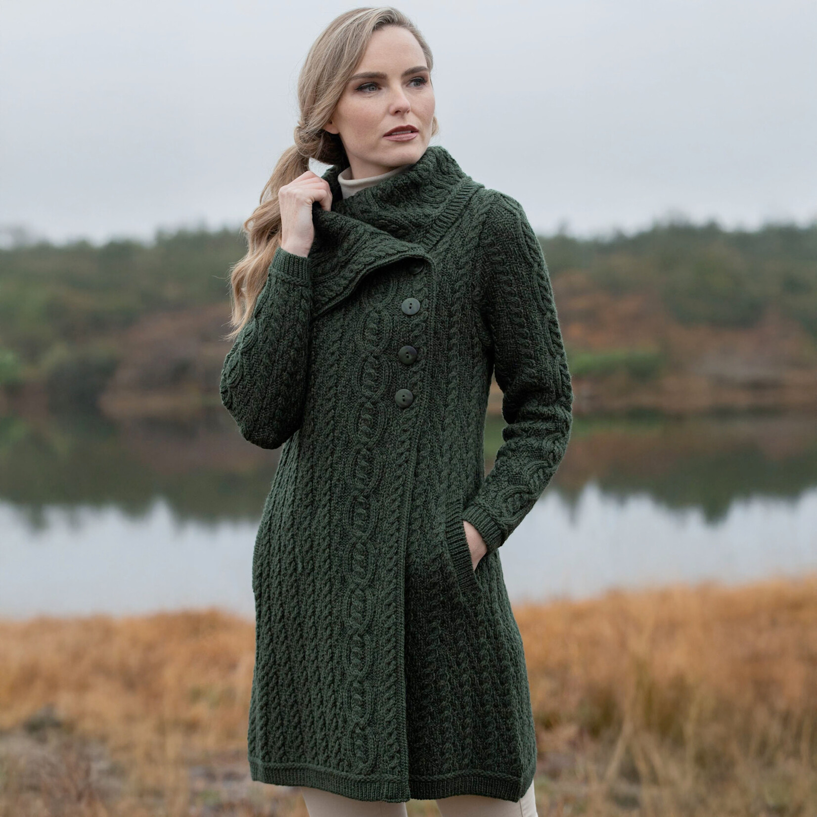 SWEATERS BURREN CHUNKY COLLAR COAT - Army Grn