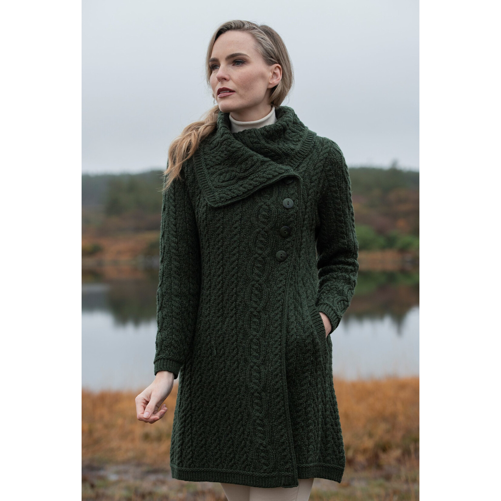 SWEATERS BURREN CHUNKY COLLAR COAT - Army Grn