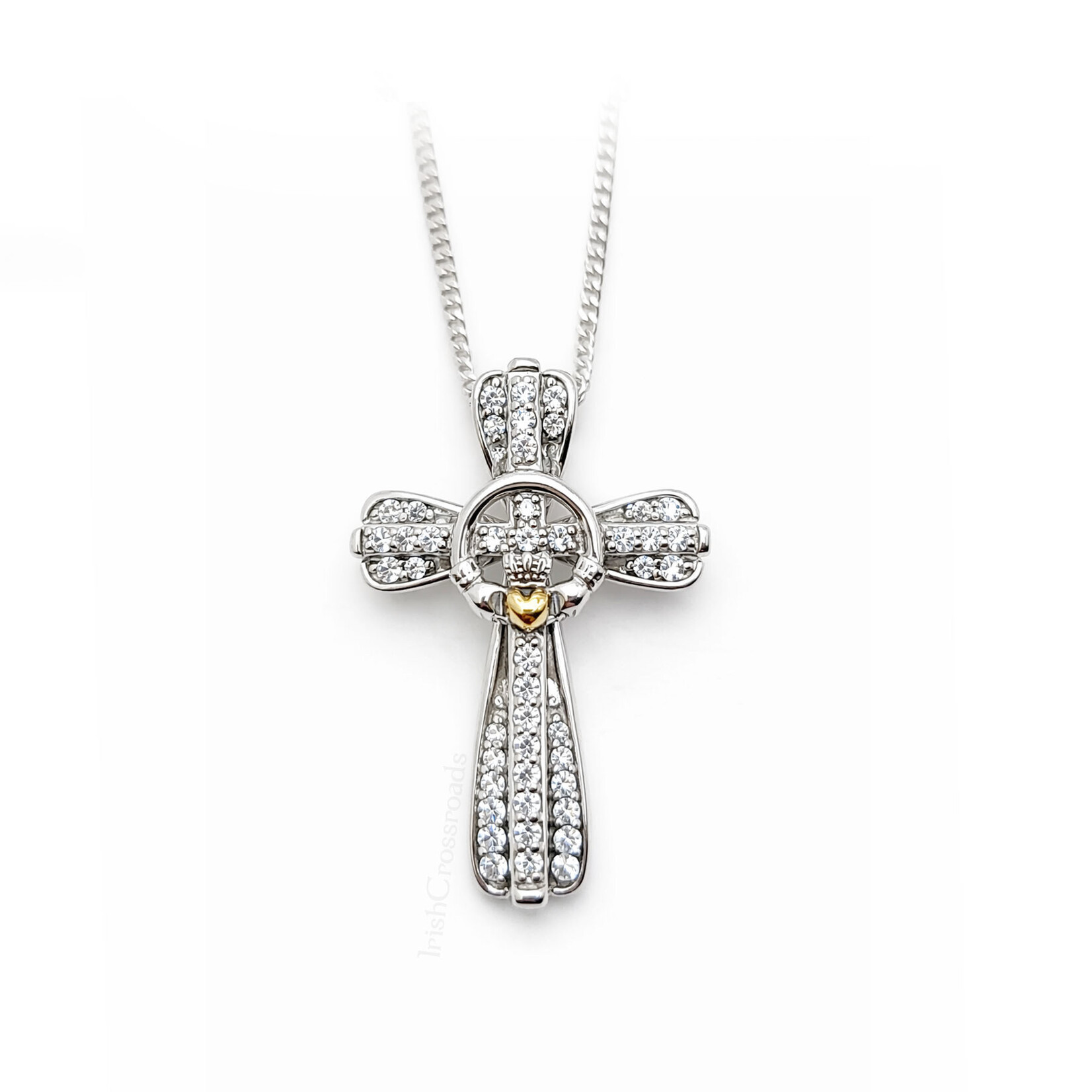 CROSSES FADO STERLING TWO-TONE PAVE SET CLADDAGH CROSS