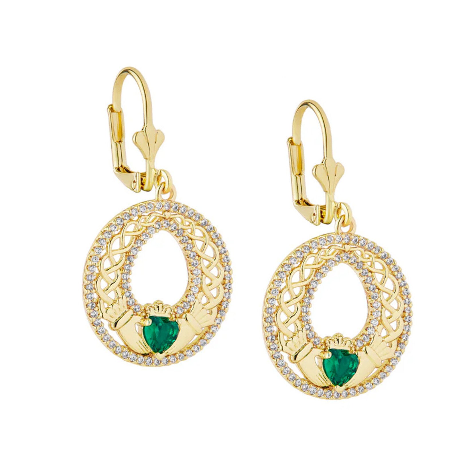 EARRINGS SOLVAR 18k GP HIGH SPARKLE CLADDAGH EARRINGS w GRN CZ