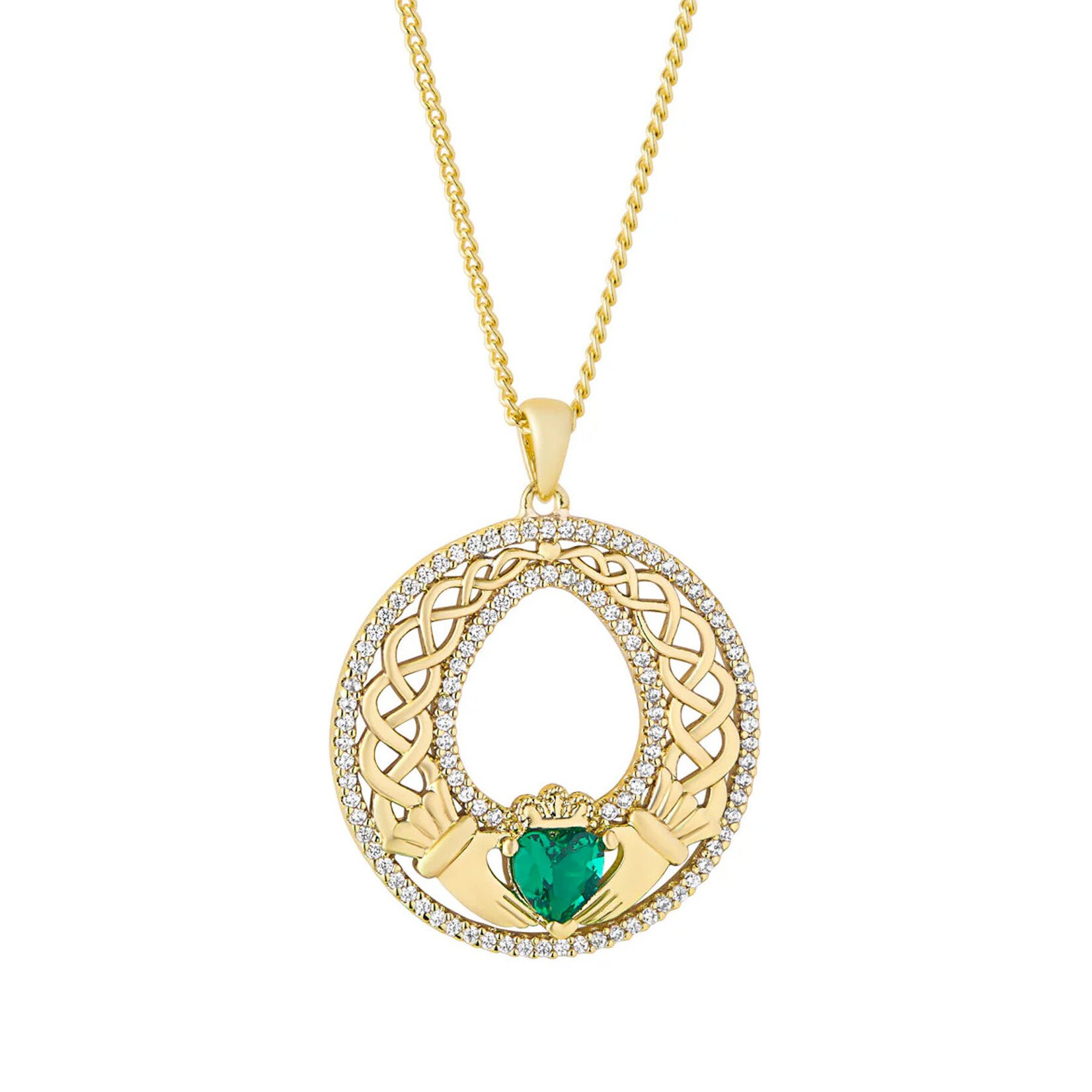PENDANTS & NECKLACES SOLVAR 18k GP HIGH SPARKLE CLADDAGH PENDANT w GRN CZ