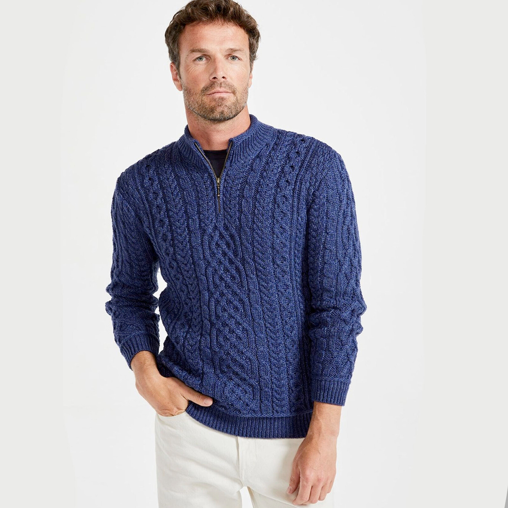SWEATERS ARAN KNIT QURT ZIP SWEATER