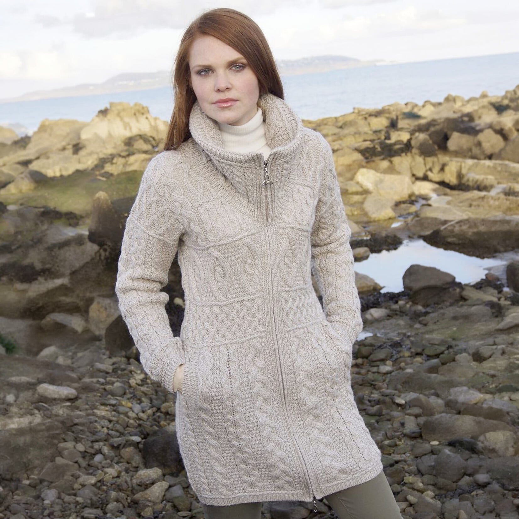 SWEATERS GLENDALOUGH DOUBLE COLLAR IRISH KNIT COAT - Parsnip