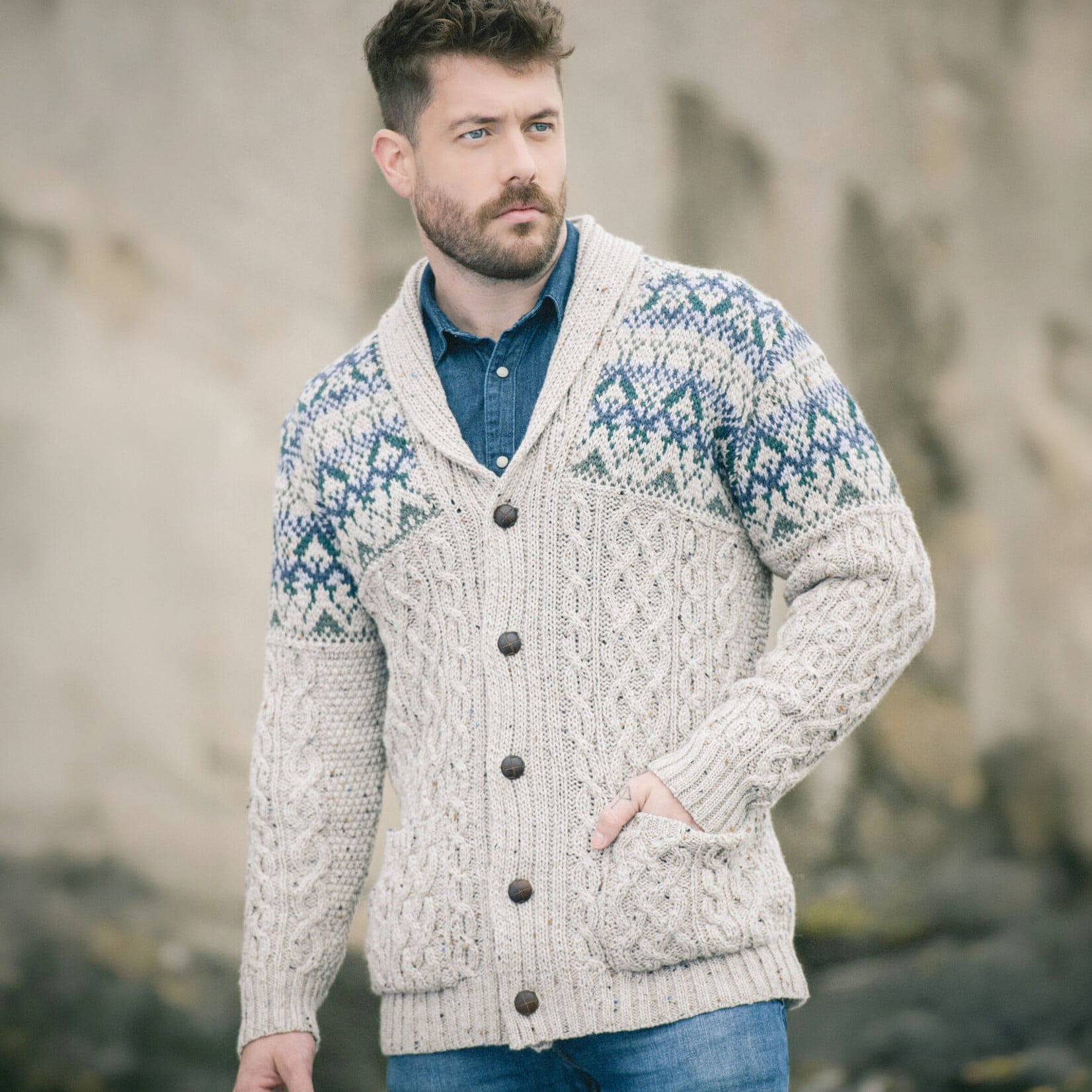 SWEATERS NEPHIN SHAWL FAIRISLE BUTTON CARDIGAN - Oatmeal
