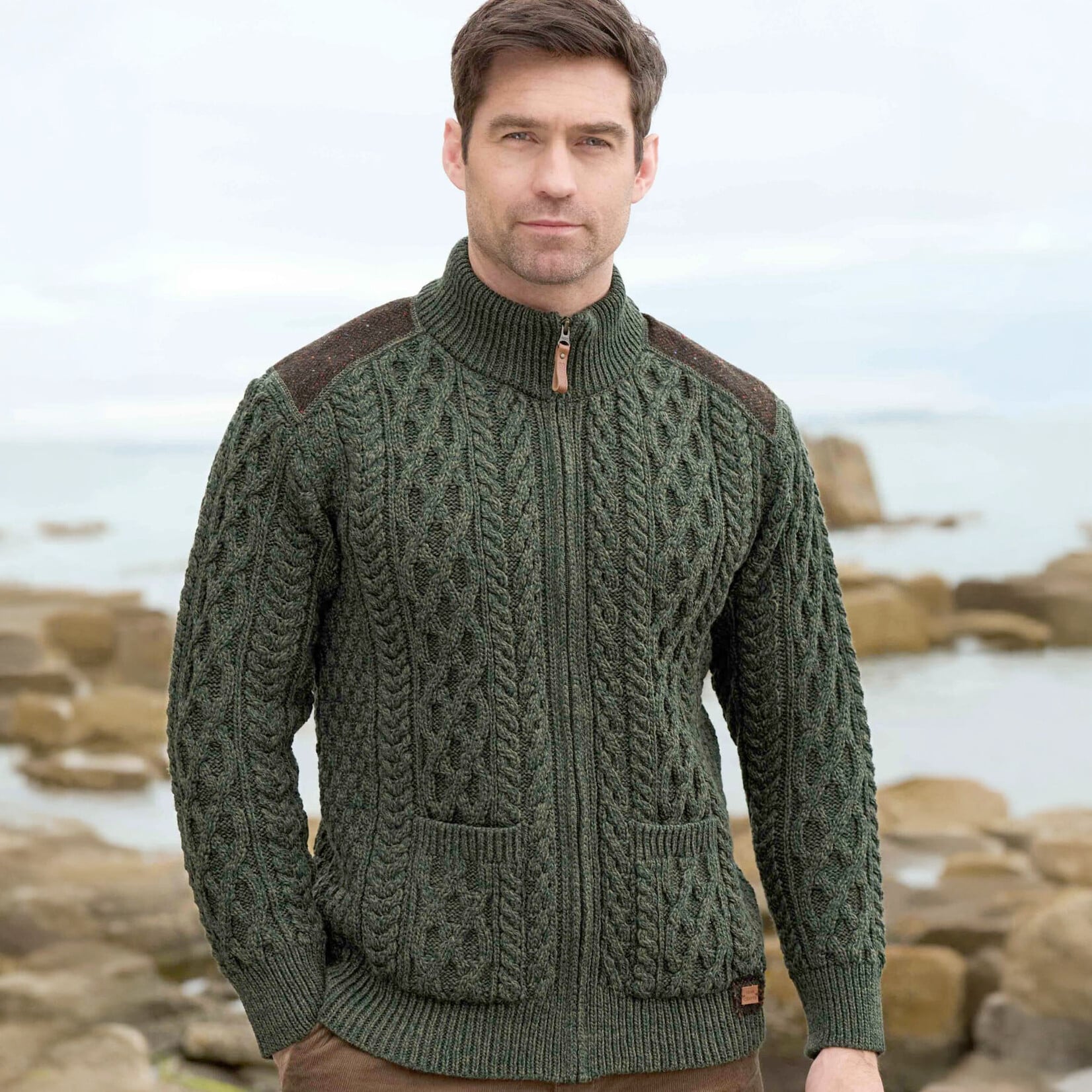 SWEATERS FIONN ZIP CARDIGAN w TWEED - Army Green