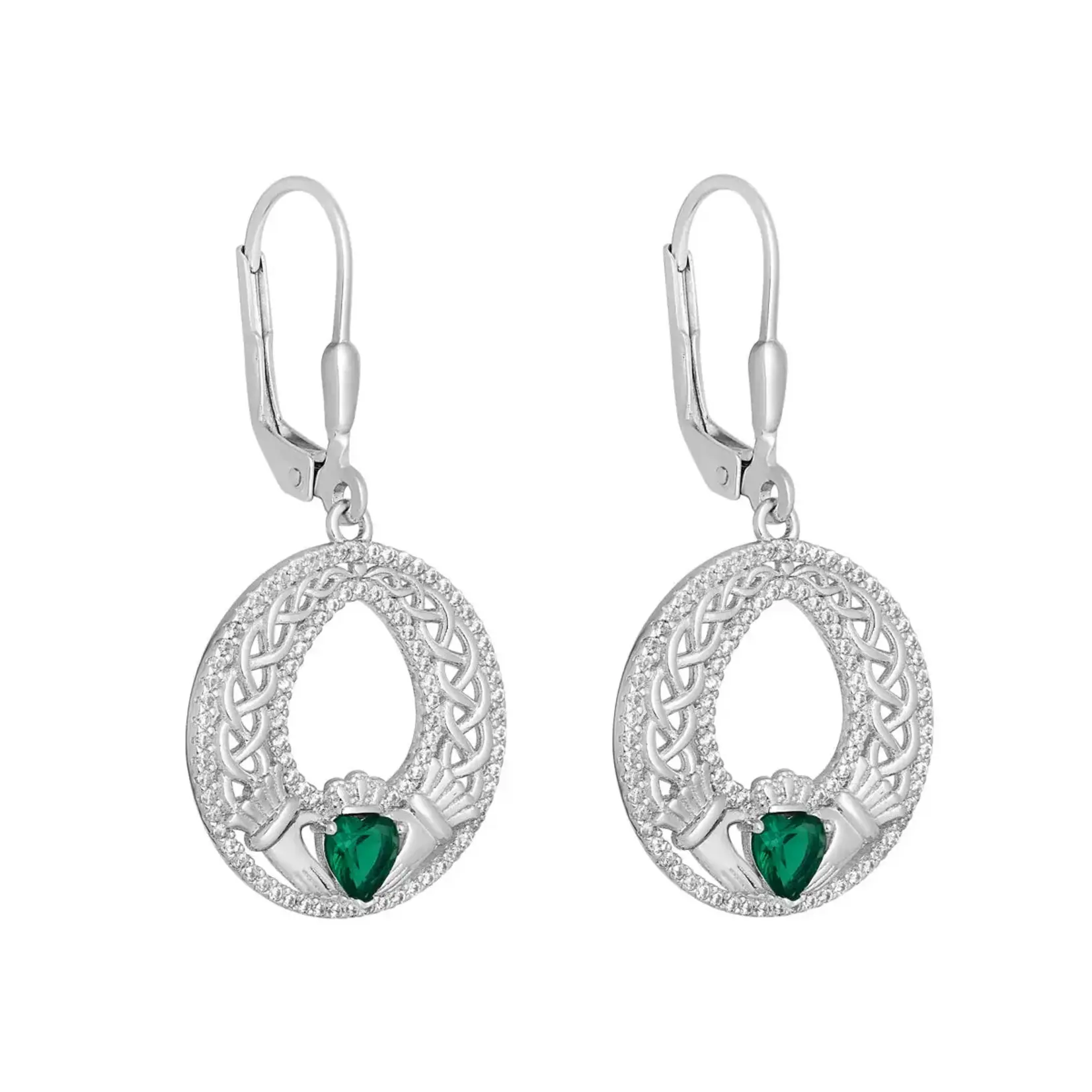 EARRINGS SOLVAR STERLING HIGH SPARKLE CLADDAGH EARRINGS w GRN CZ