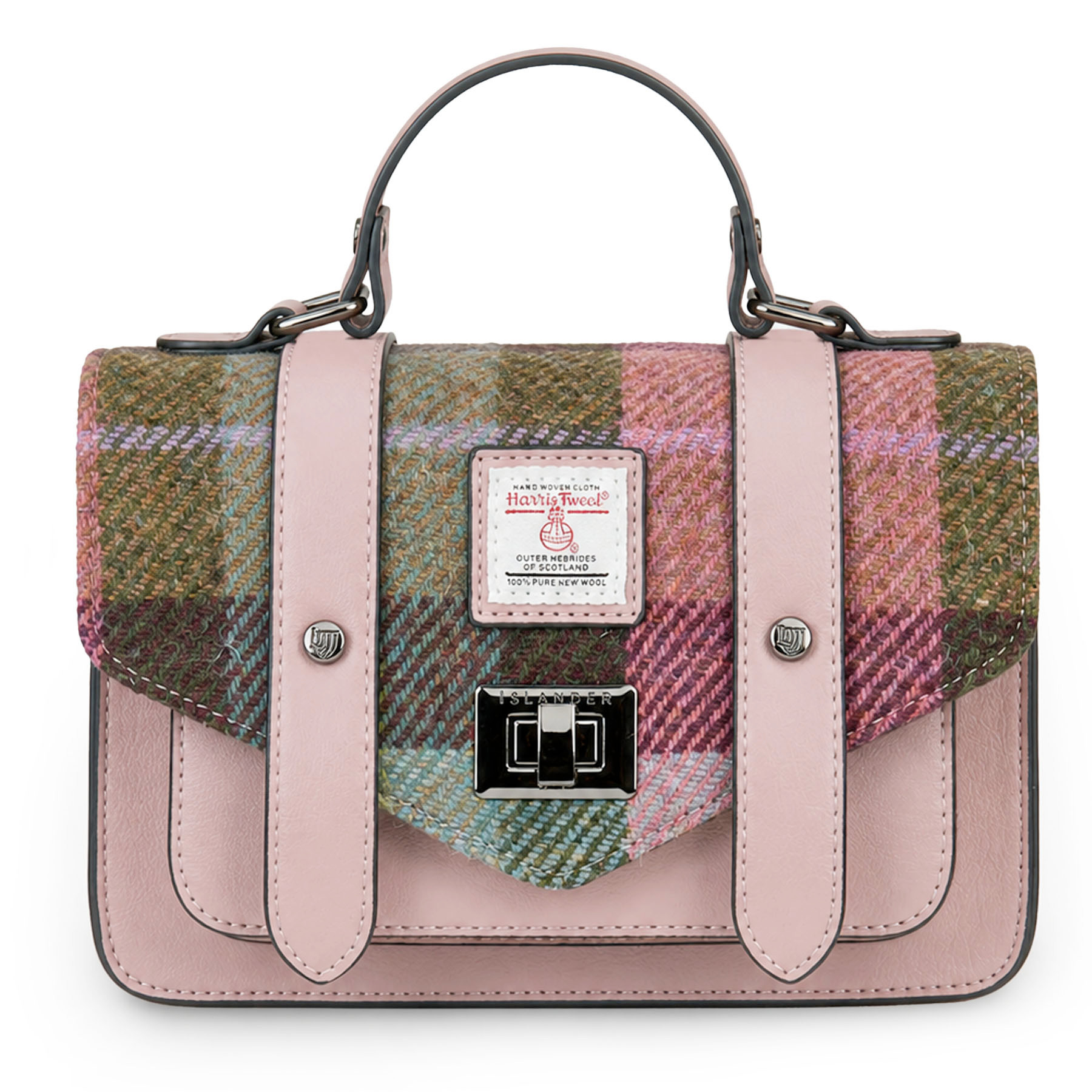 ISLANDER MEDIUM SATCHEL w HARRIS TWEED Pink & Green Tartan - Irish