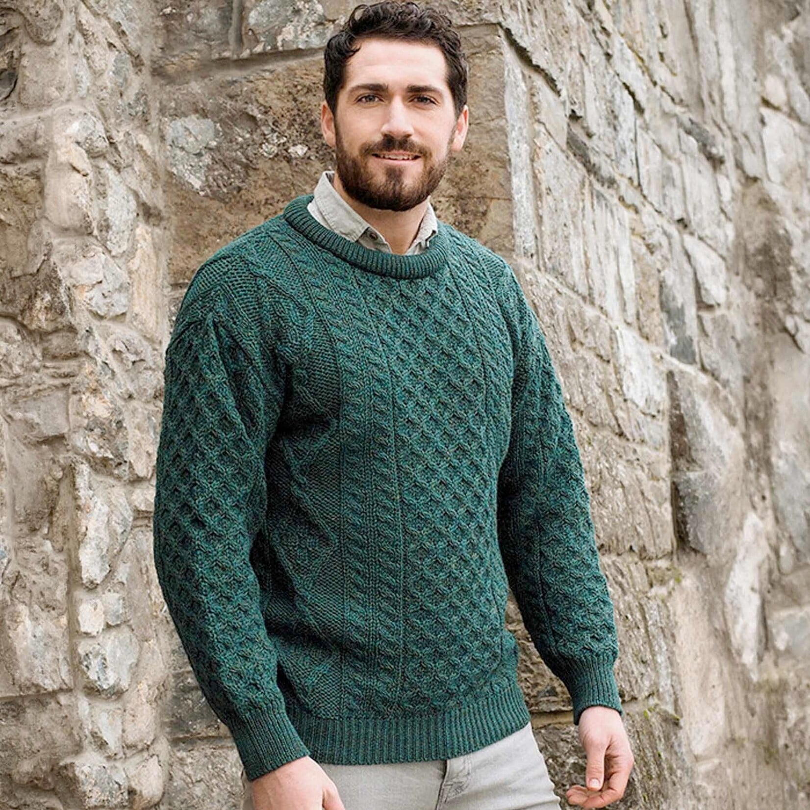 SWEATERS INIS MOR ARAN CREW NECK SWEATER - Moss