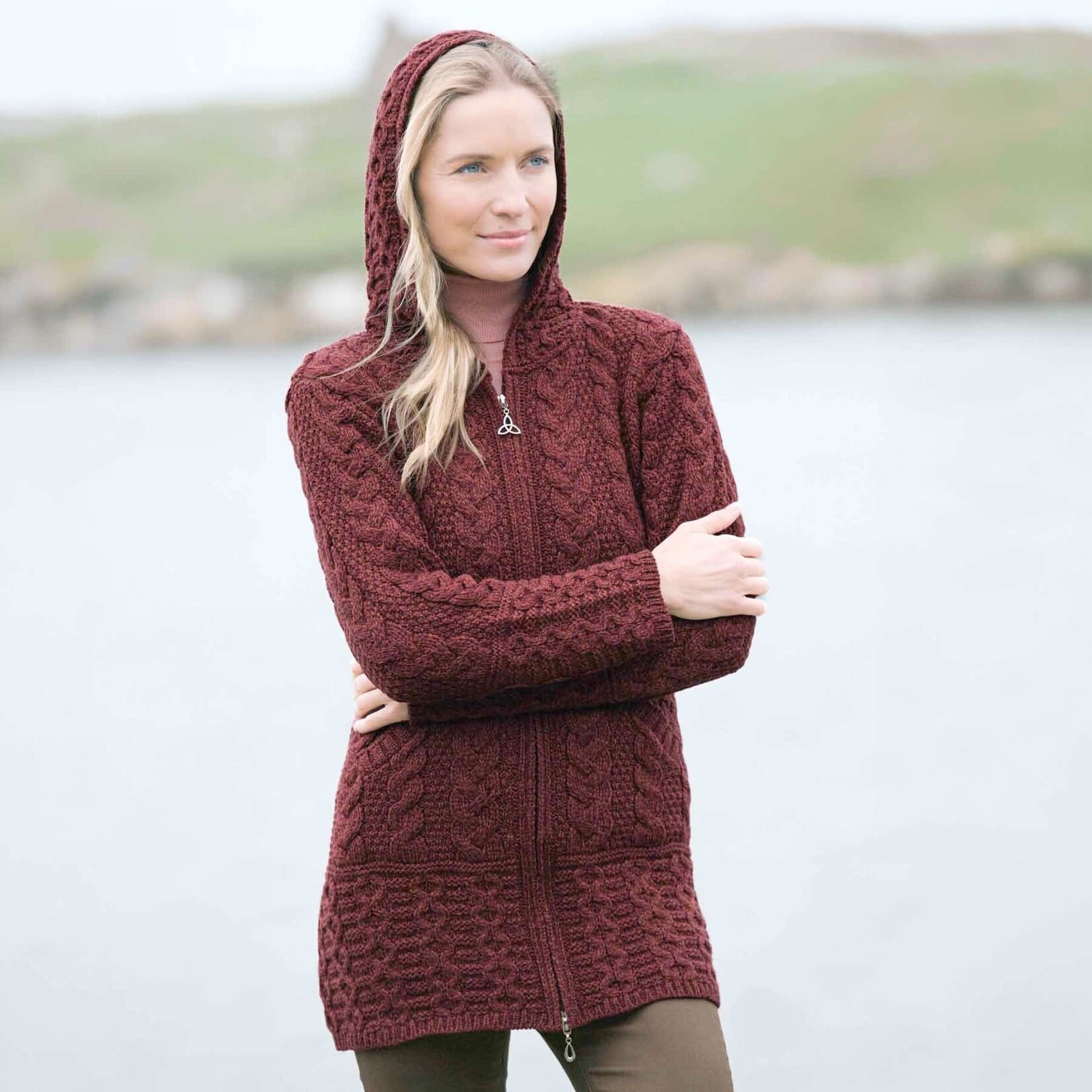 SWEATERS GALWAY HOODED COAT with CELTIC KNOT ZIPPER - Ember