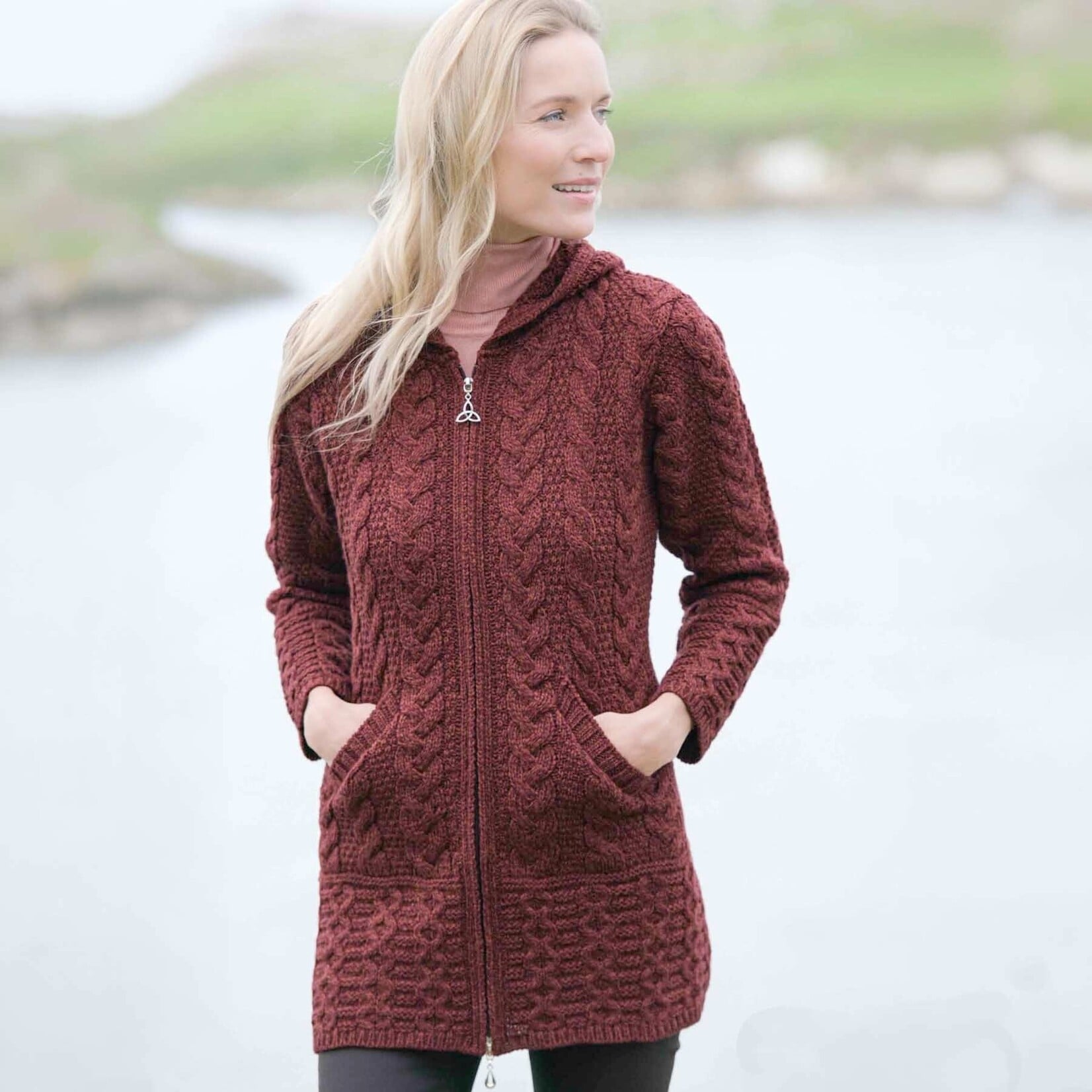 SWEATERS GALWAY HOODED COAT with CELTIC KNOT ZIPPER - Ember