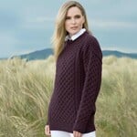 SWEATERS UNISEX ARAN IRISH KNIT CREW NECK SWEATER - Damson