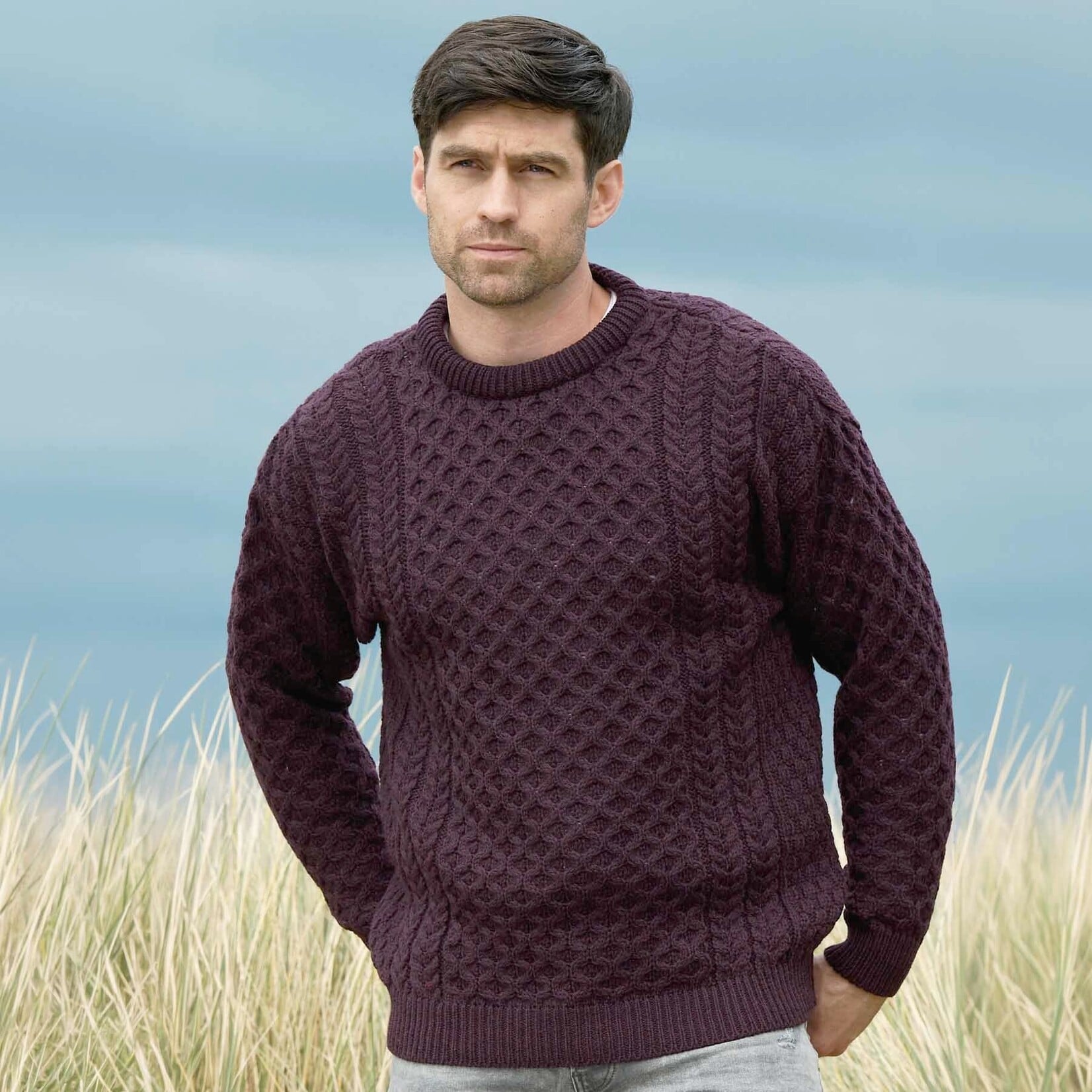 SWEATERS UNISEX ARAN IRISH KNIT CREW NECK SWEATER - Damson