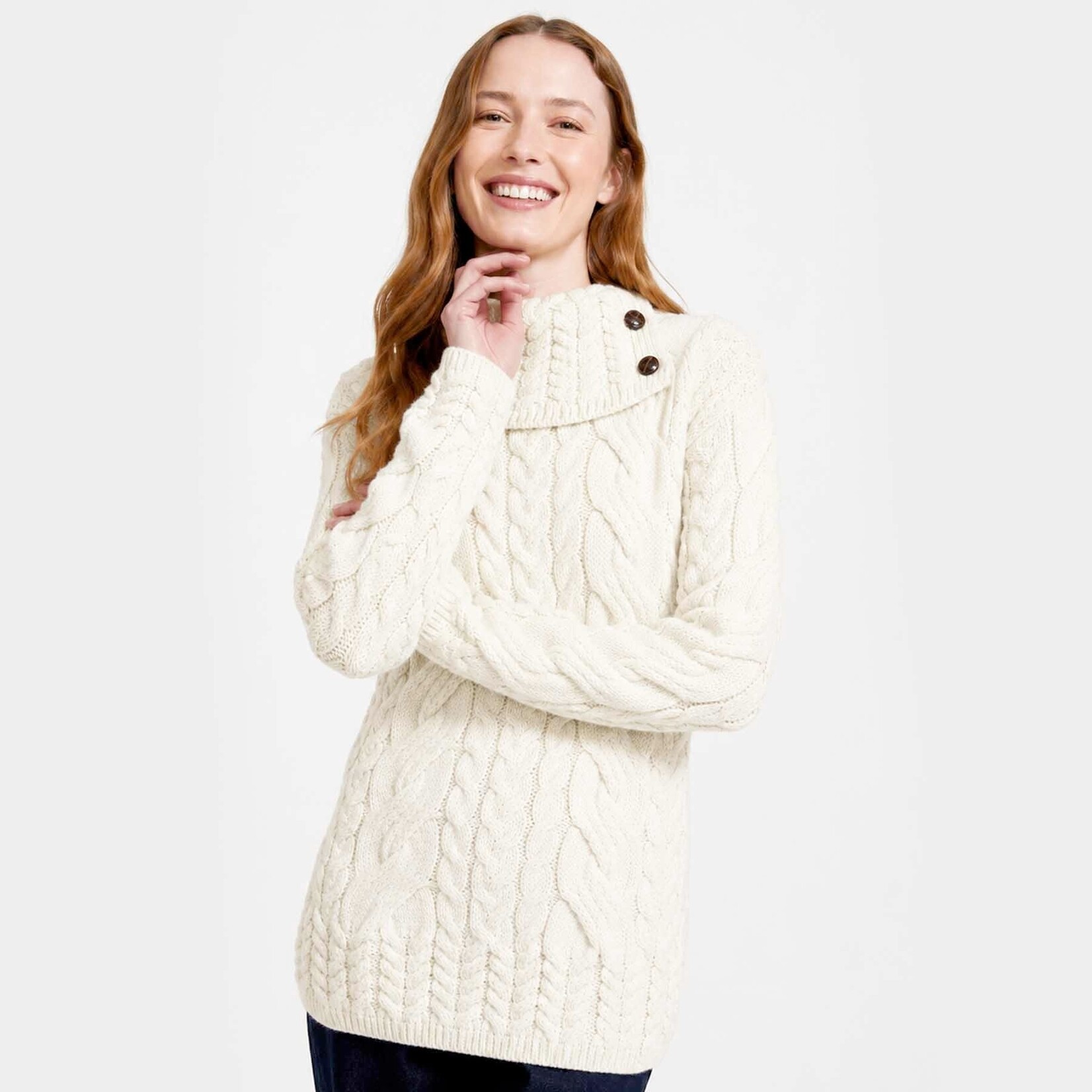 SWEATERS ARAN KNIT CABLE BUTTON COWL NECK SWEATER