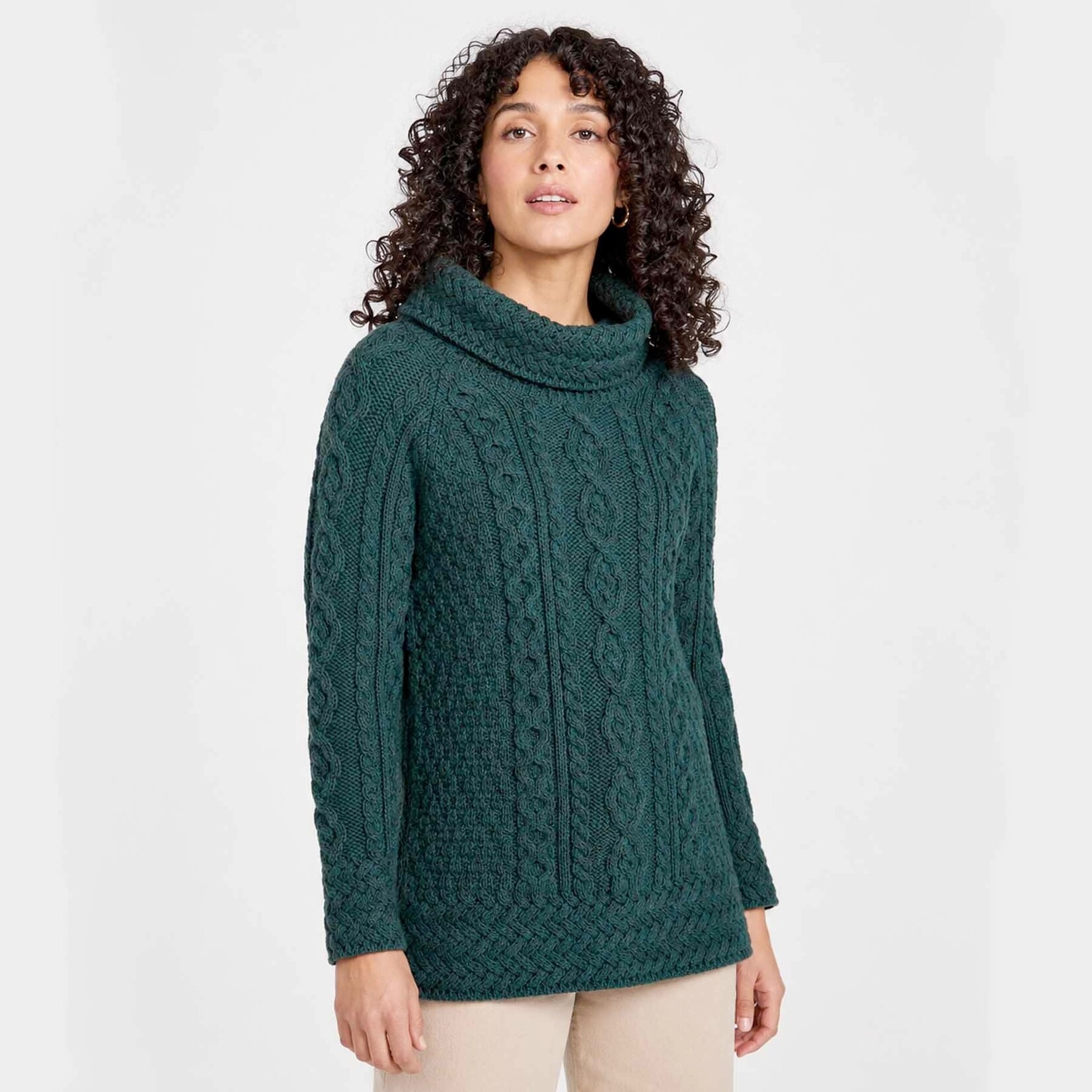SWEATERS ARAN KNIT VENTED ROLL NECK SWEATER - Marl Emerald