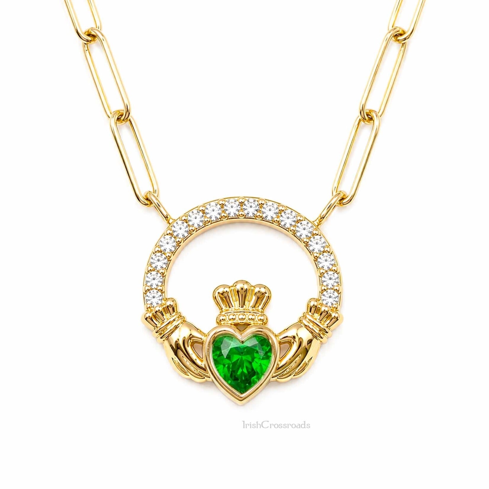 PENDANTS & NECKLACES FADO VERMEIL CLADDAGH NECKLET w Grn/Wht CZ