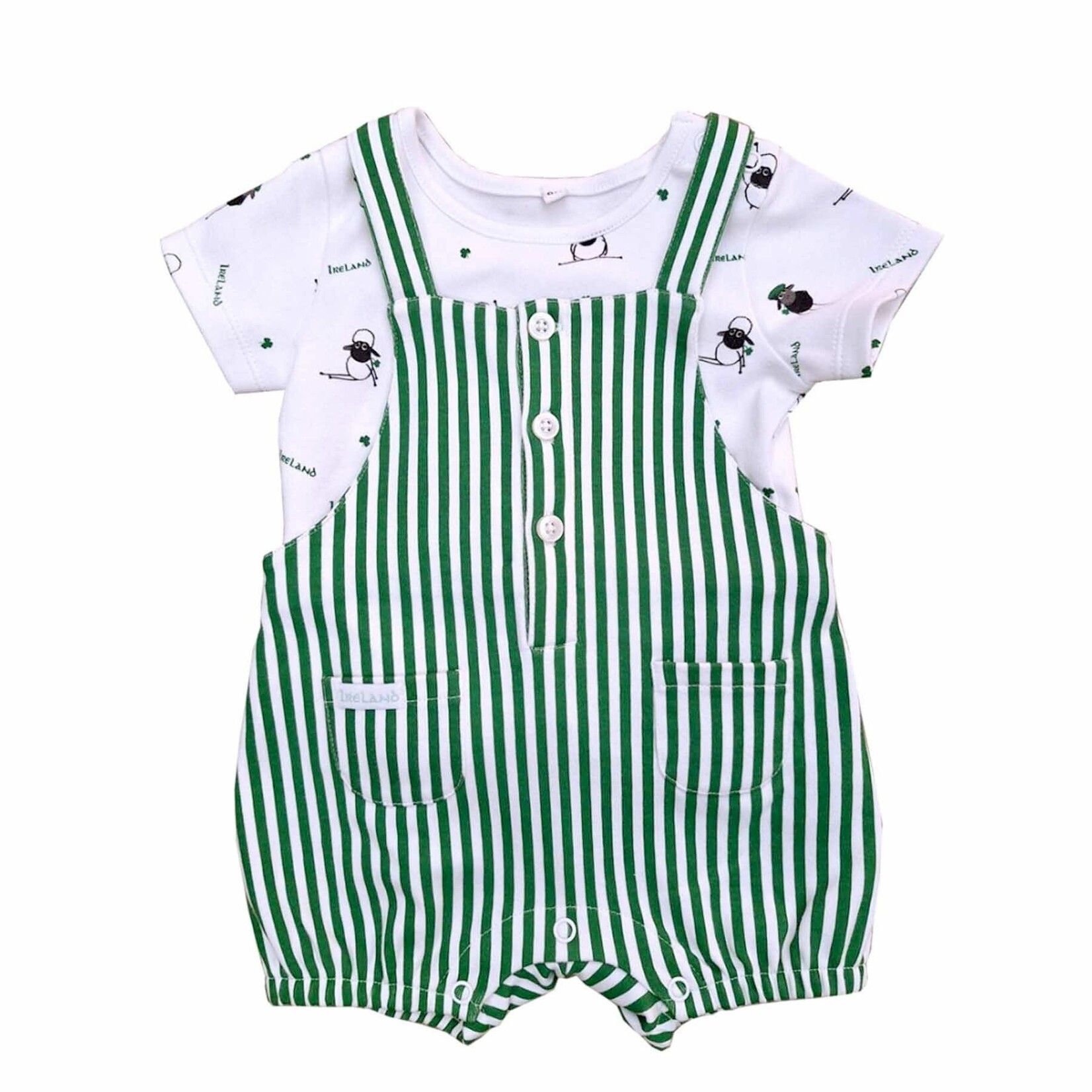 BABY CLOTHES GRN/WHT BABY DUNGAREES w SHEEP ONESIE