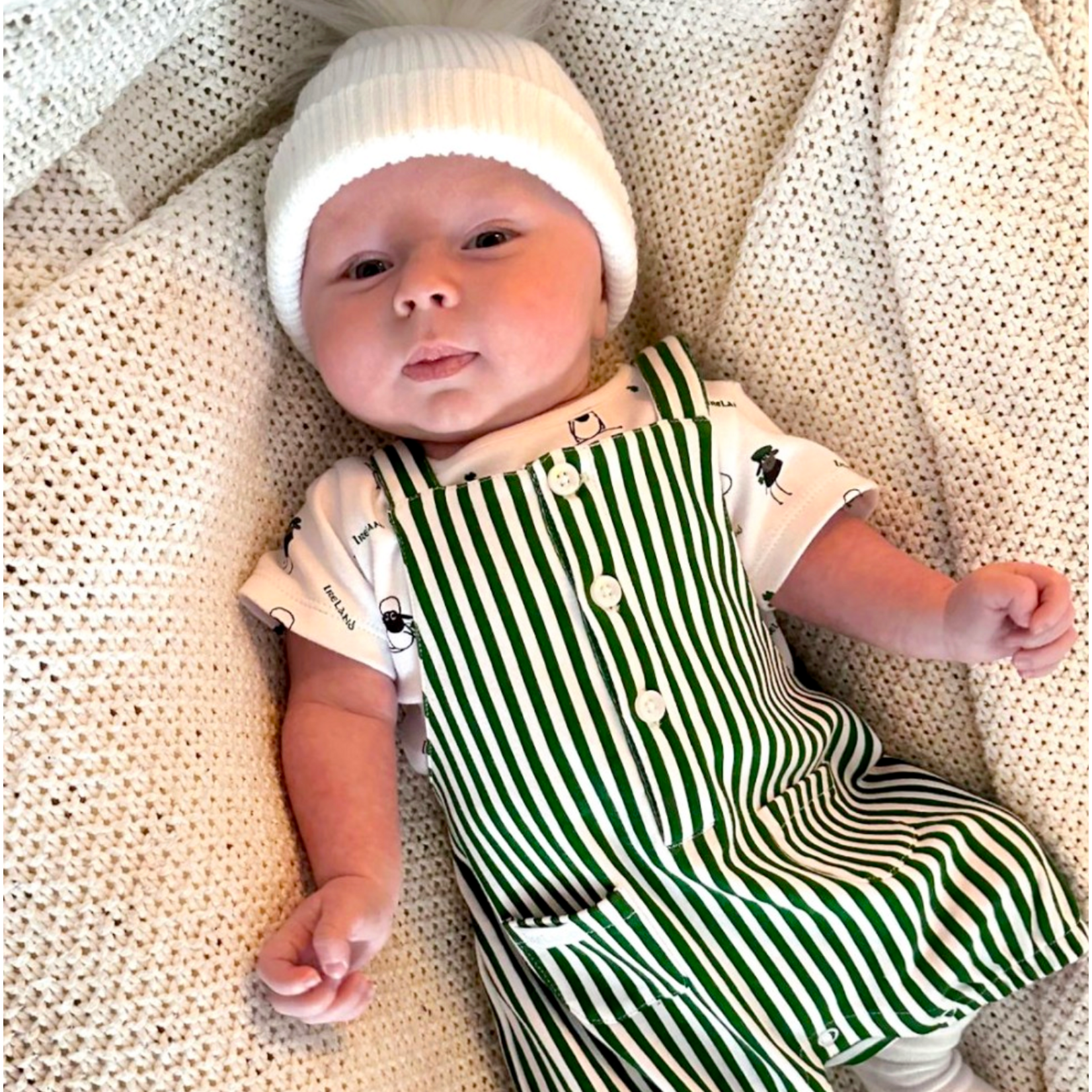 BABY CLOTHES GRN/WHT BABY DUNGAREES w SHEEP ONESIE