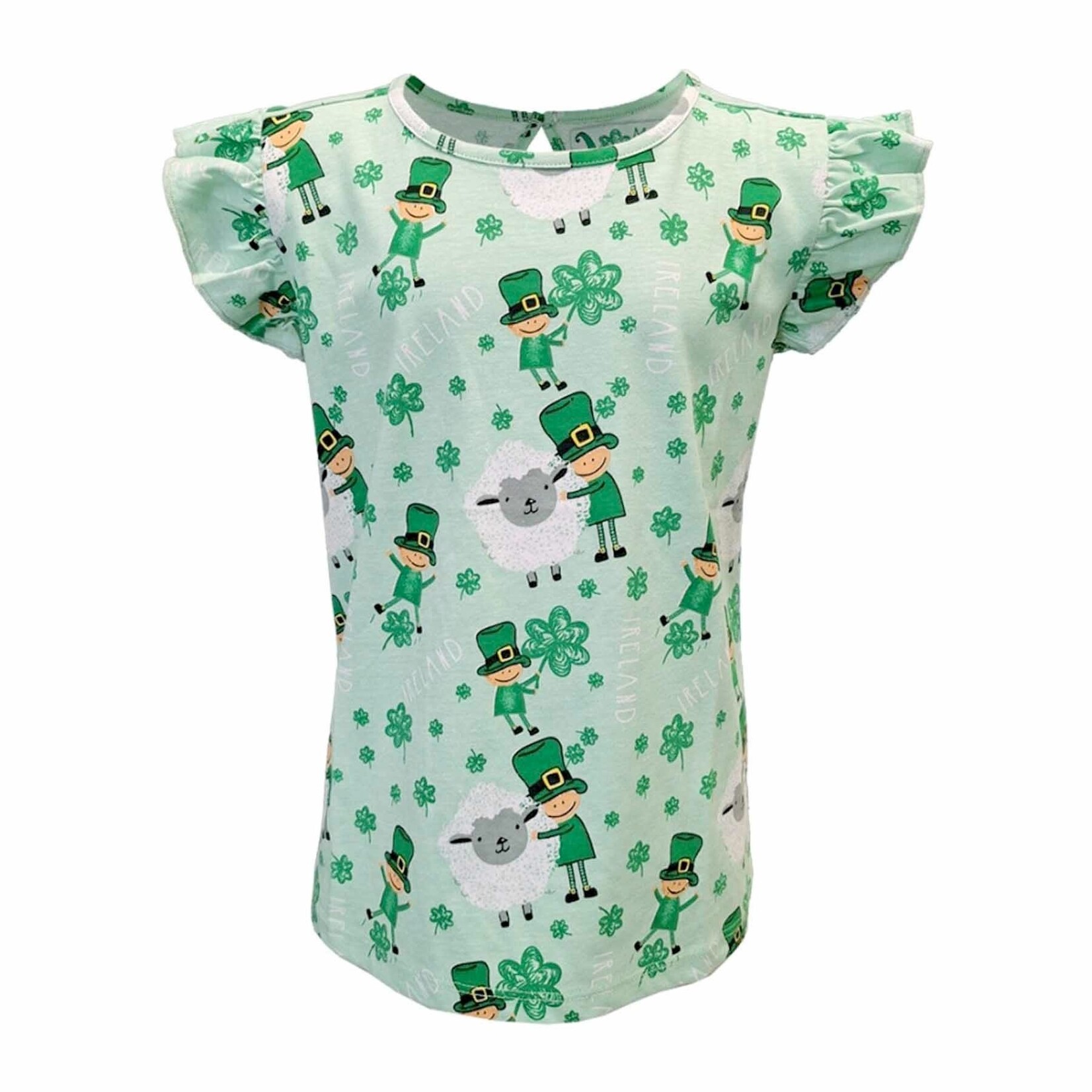 KIDS CLOTHES GRN/GRINDLE GIRLS TEE w LEPRECHAUN & SHEEP