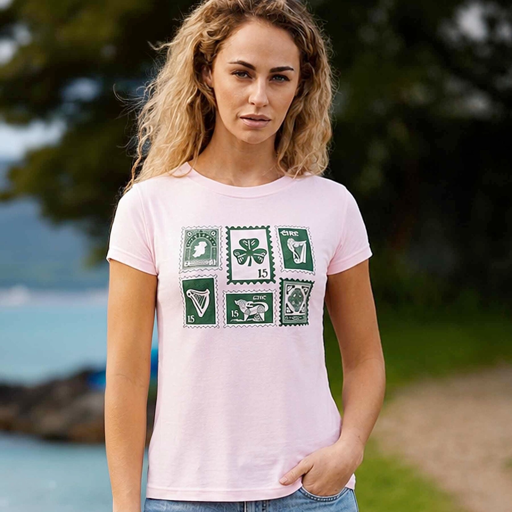 SHIRTS LADIES PNK TEE w IRELAND STAMPS
