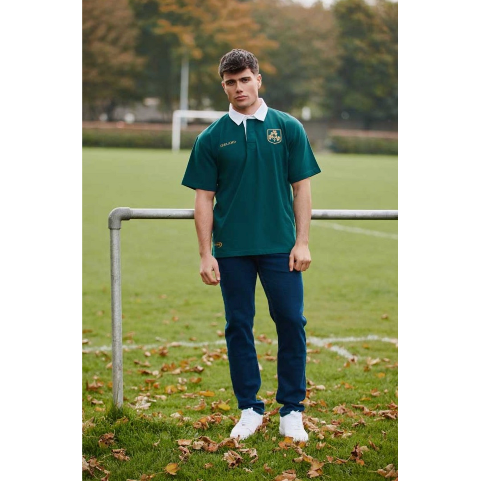 SPORTSWEAR DRK GRN/GOLD IRL SHAM RUGBY SHIRT w WHT COLLAR