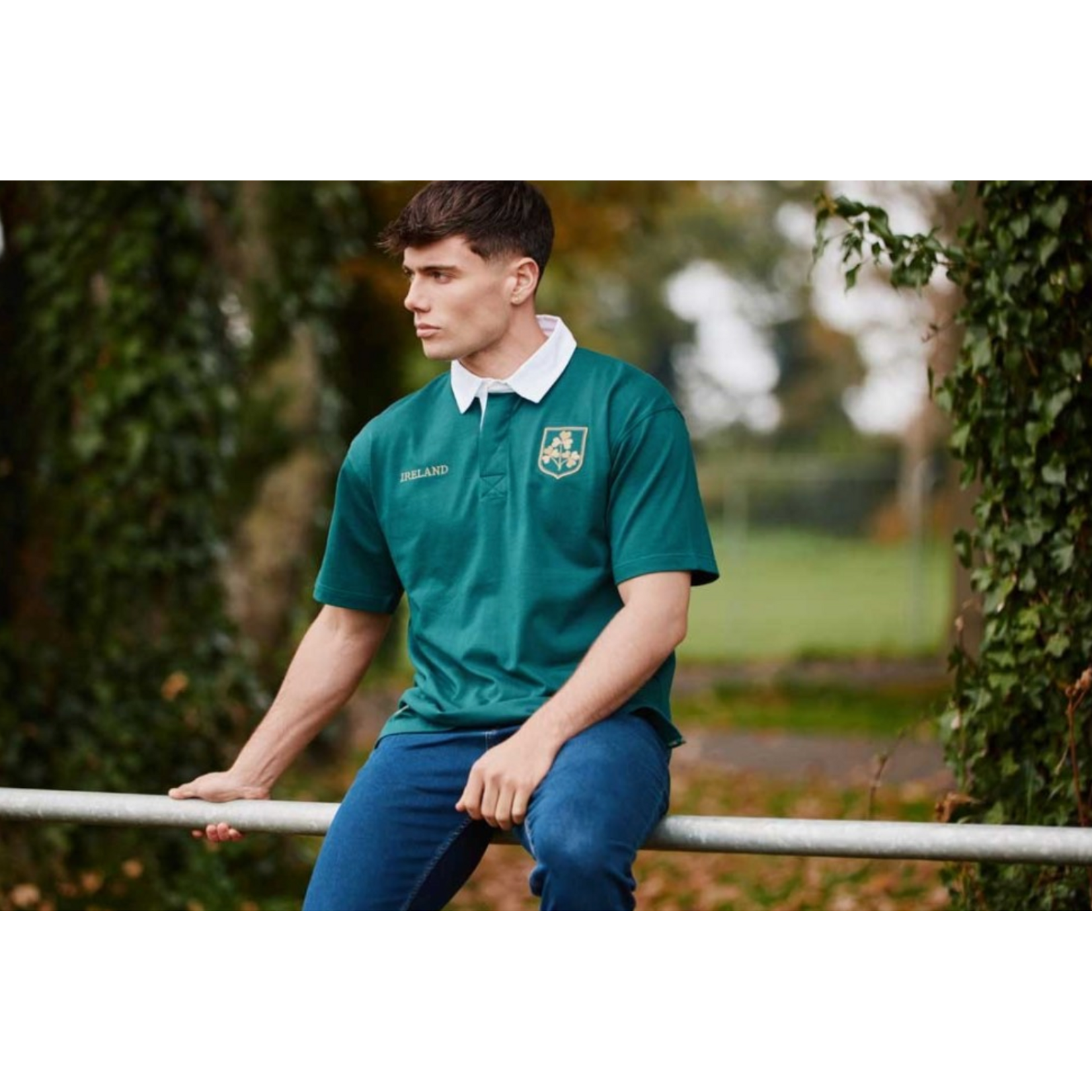 SPORTSWEAR DRK GRN/GOLD IRL SHAM RUGBY SHIRT w WHT COLLAR
