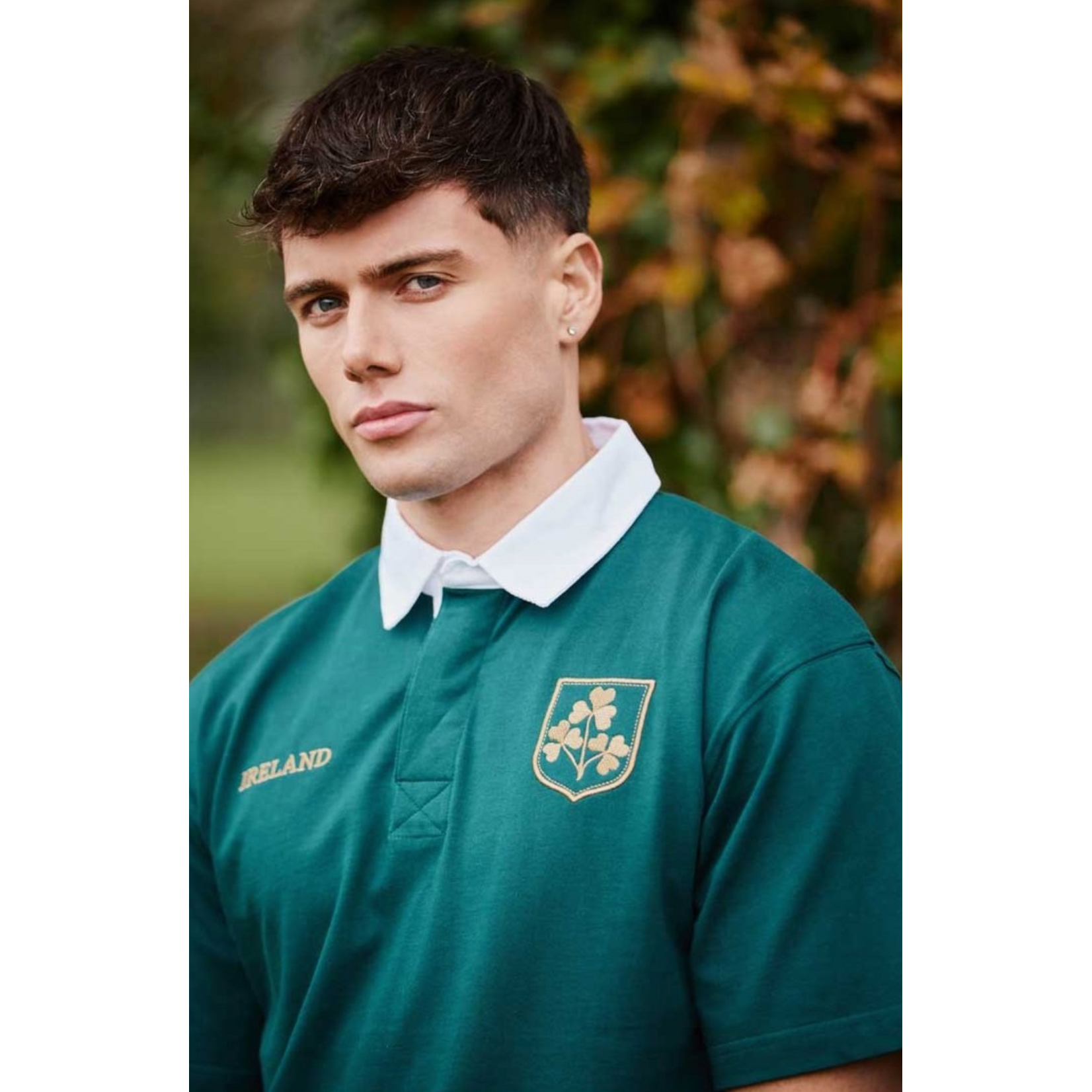 SPORTSWEAR DRK GRN/GOLD IRL SHAM RUGBY SHIRT w WHT COLLAR