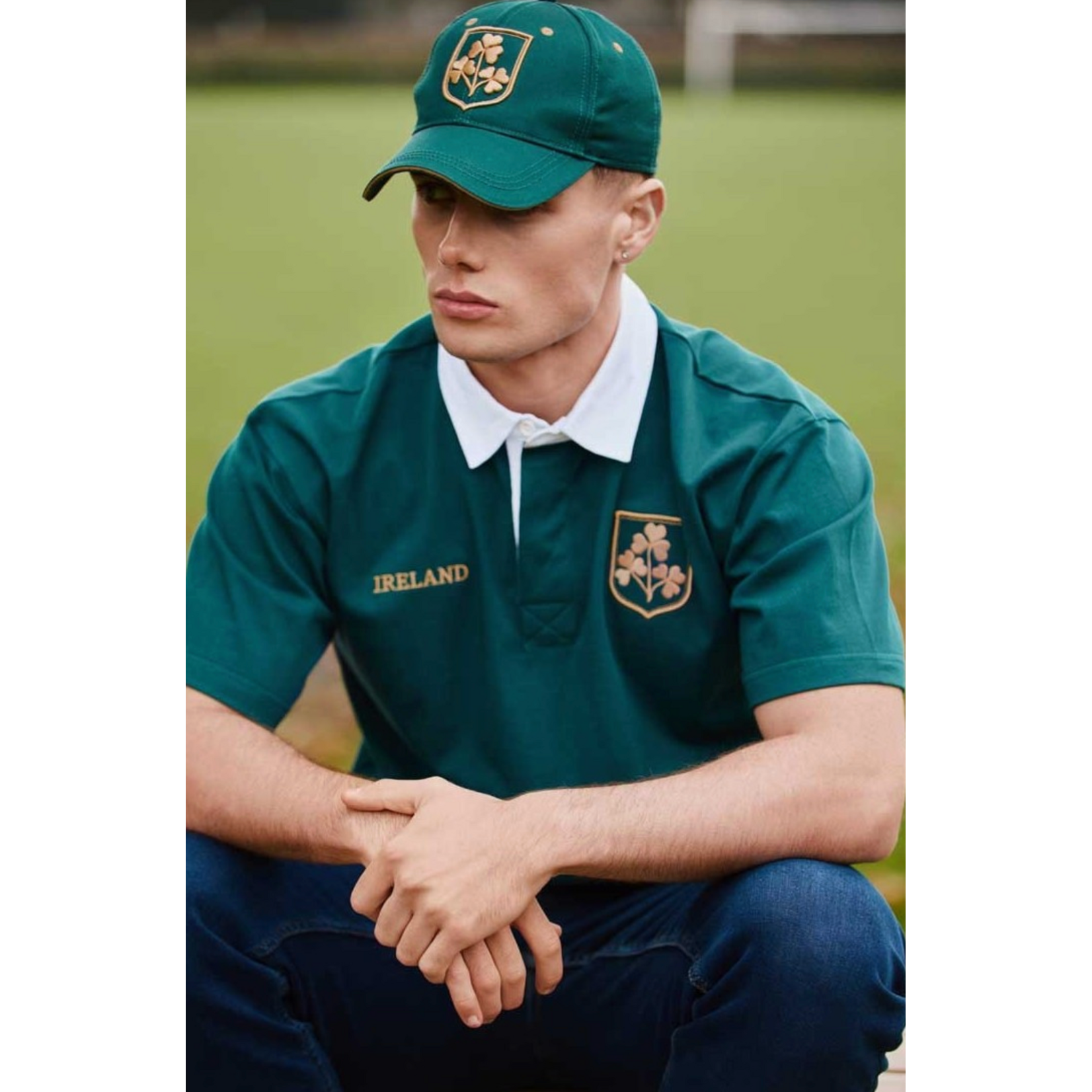 SPORTSWEAR DRK GRN/GOLD IRL SHAM RUGBY SHIRT w WHT COLLAR