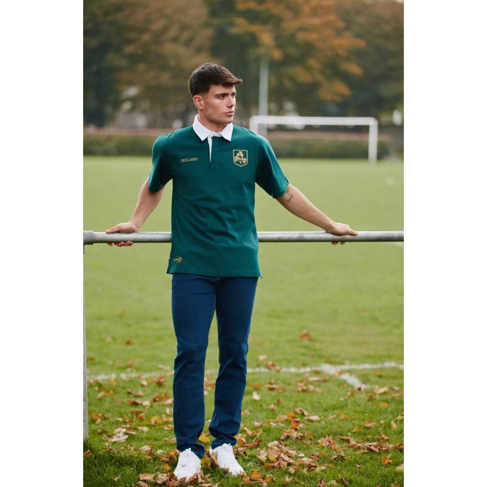 SPORTSWEAR DRK GRN/GOLD IRL SHAM RUGBY SHIRT w WHT COLLAR