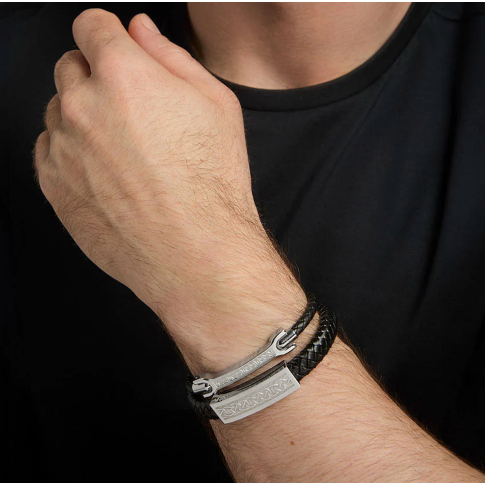 MENS JEWELRY SOLVAR CELTIC MAN STAINLESS STEEL & BLK LEATHER NARROW BRACELET