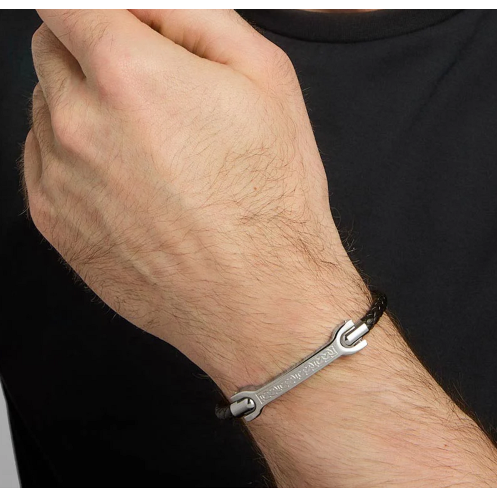 MENS JEWELRY SOLVAR CELTIC MAN STAINLESS STEEL & BLK LEATHER NARROW BRACELET