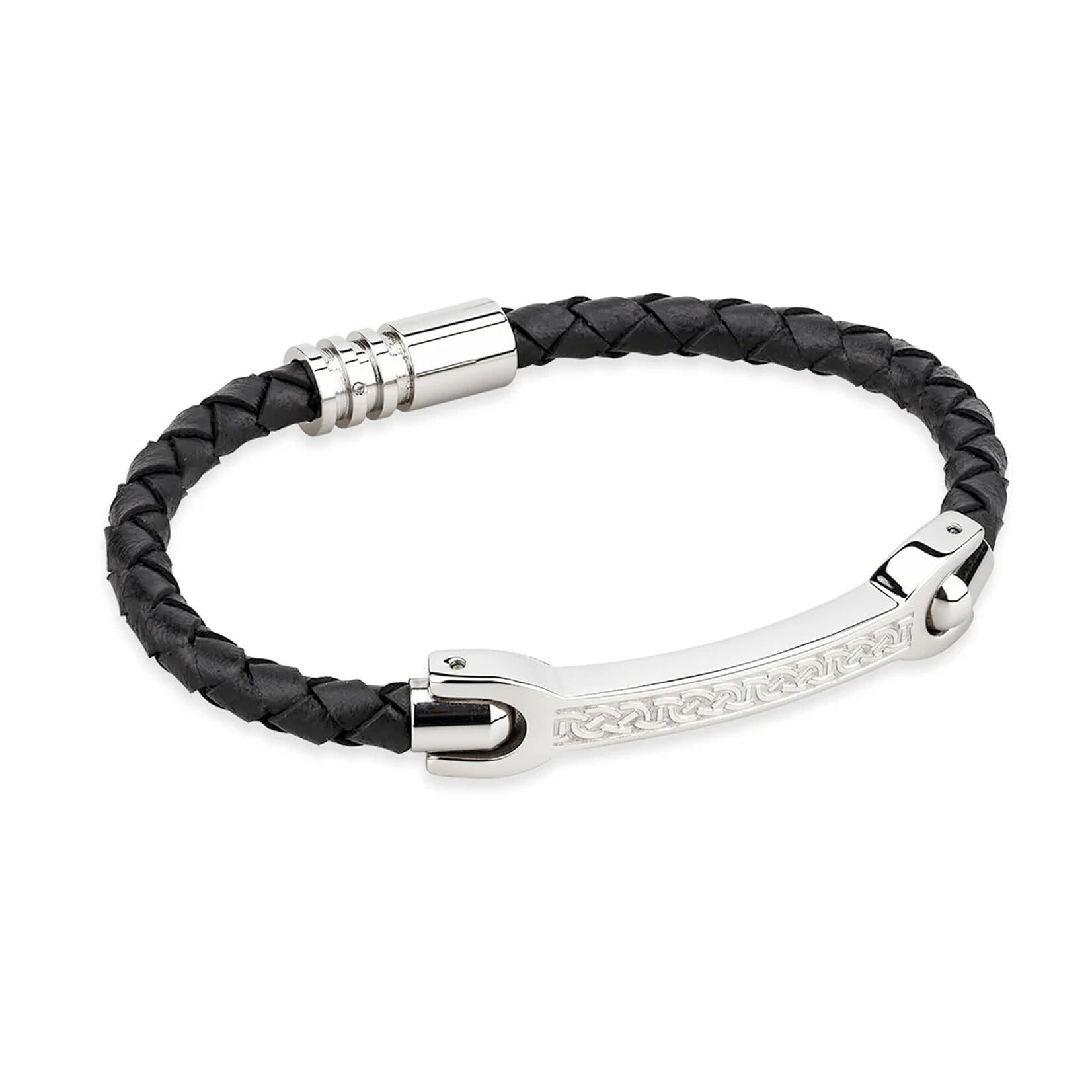 MENS JEWELRY SOLVAR CELTIC MAN STAINLESS STEEL & BLK LEATHER NARROW BRACELET