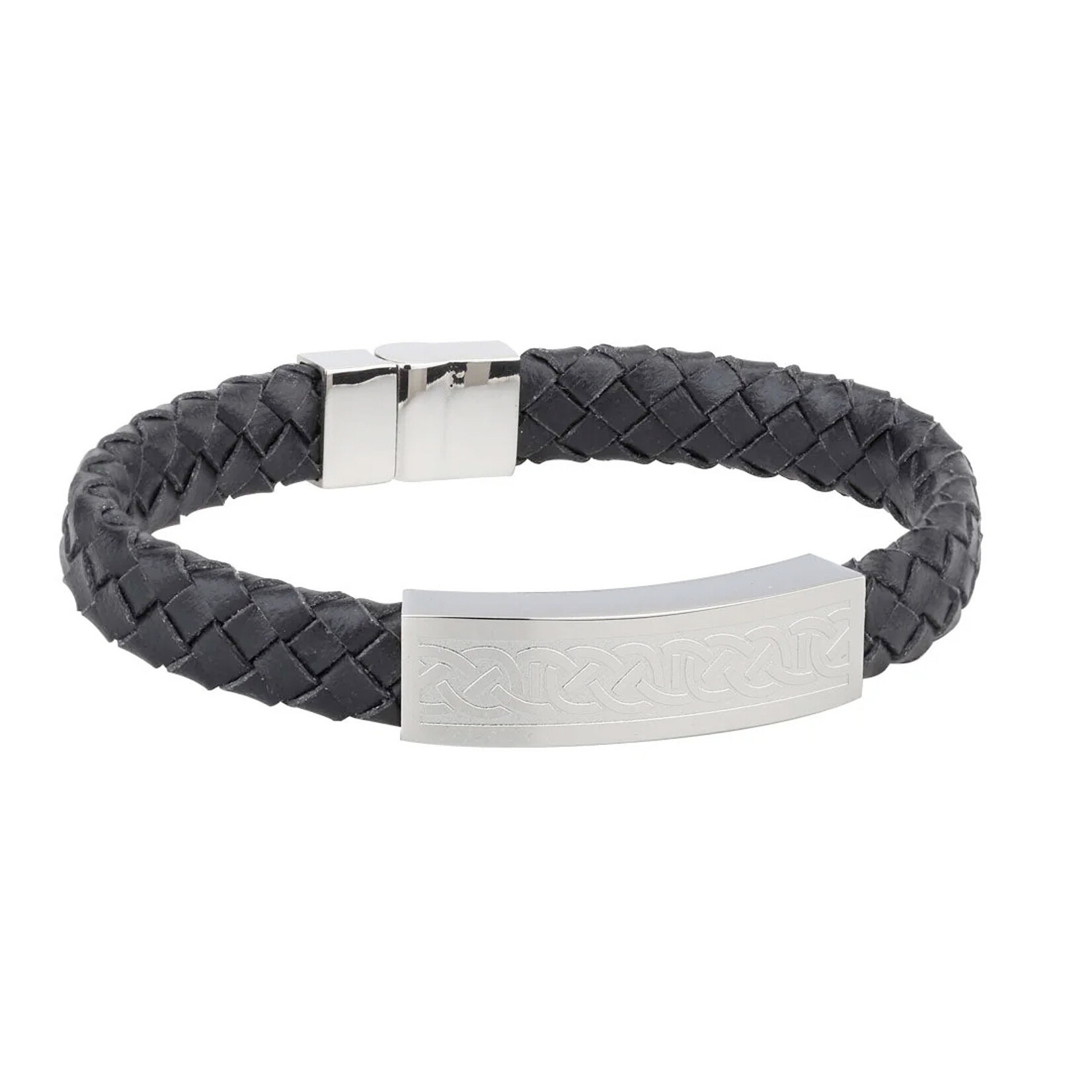 MENS JEWELRY SOLVAR CELTIC MAN STAINLESS STEEL & BLK LEATHER BRACELET