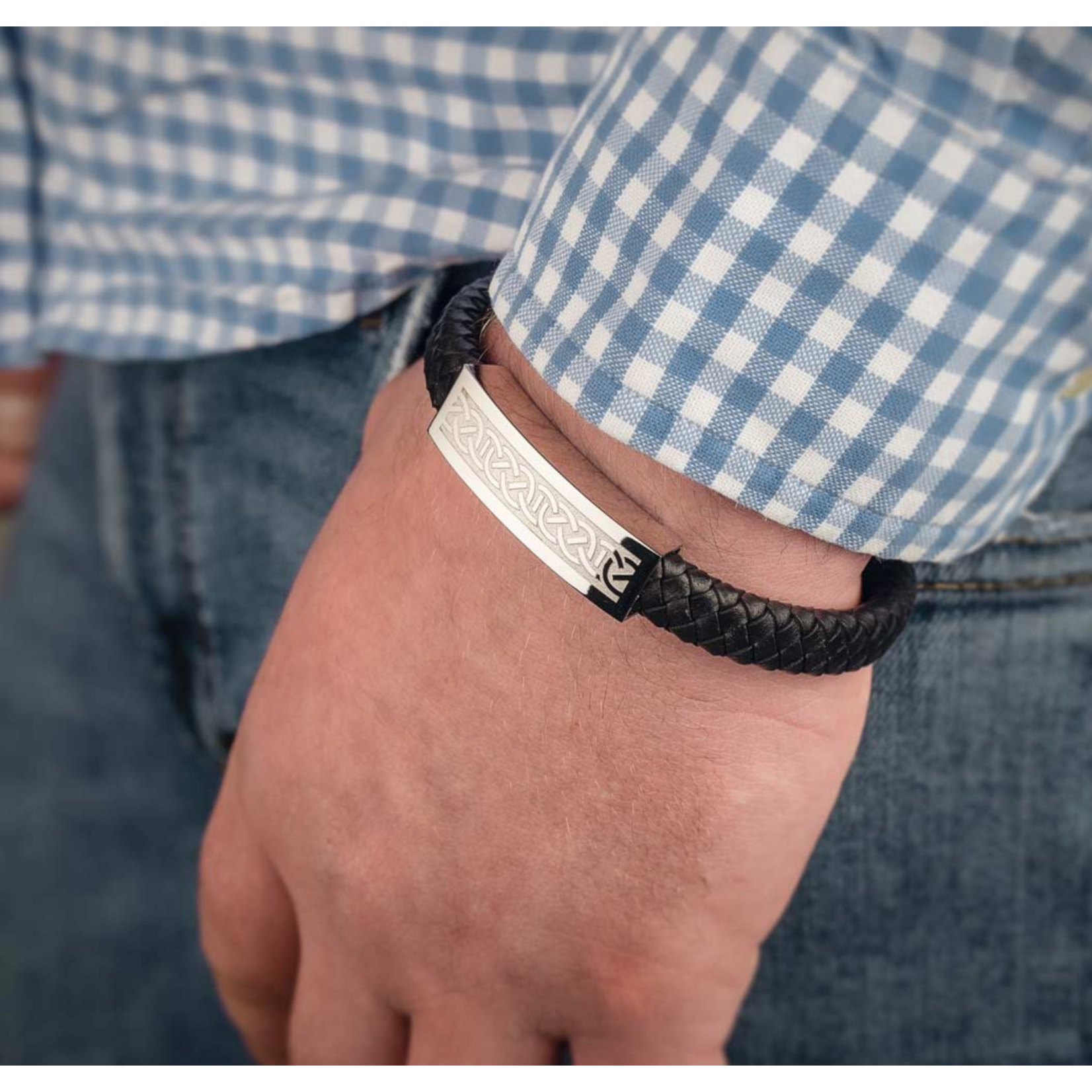 MENS JEWELRY SOLVAR CELTIC MAN STAINLESS STEEL & BLK LEATHER BRACELET