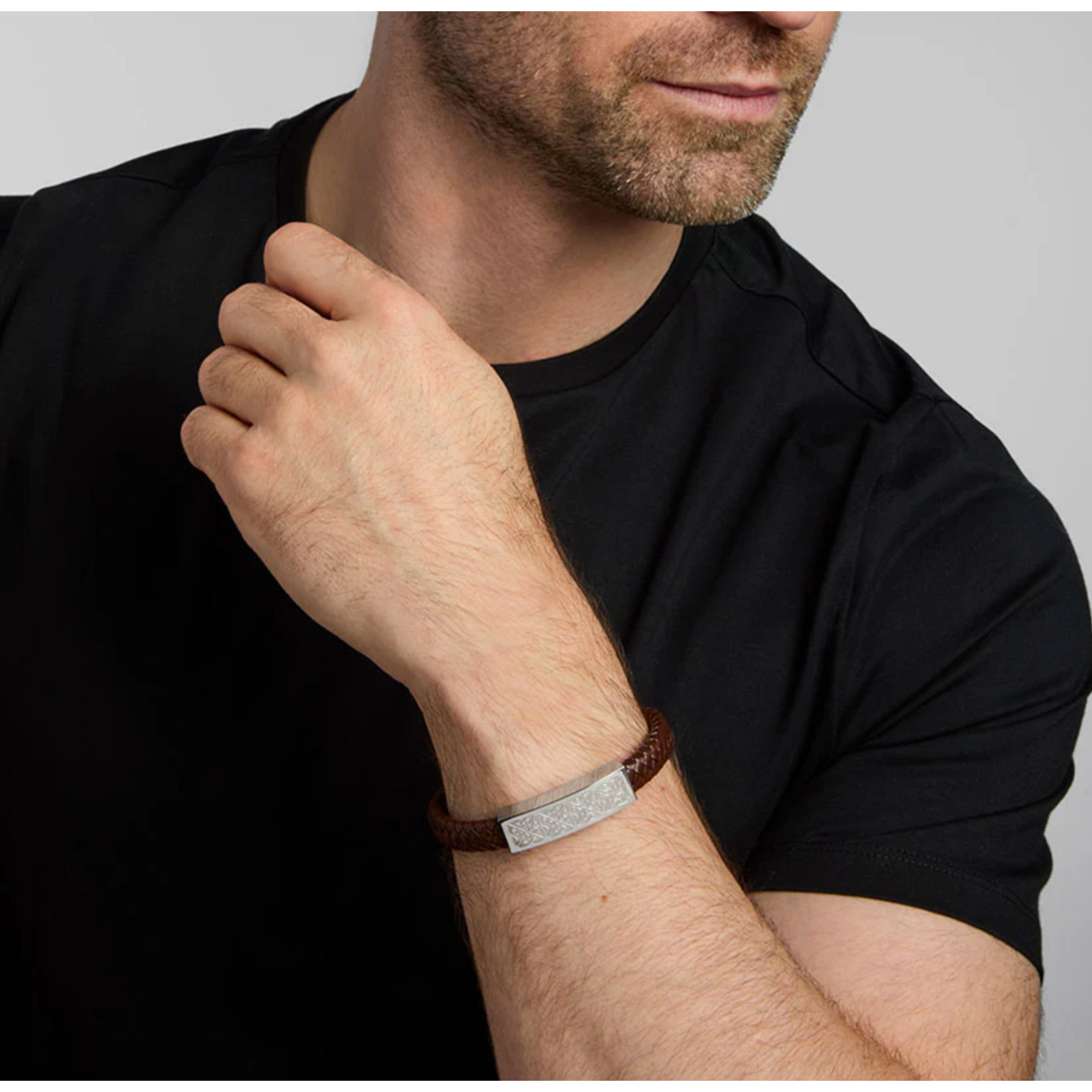 MENS JEWELRY SOLVAR CELTIC MAN STAINLESS STEEL & BRN LEATHER BRACELET