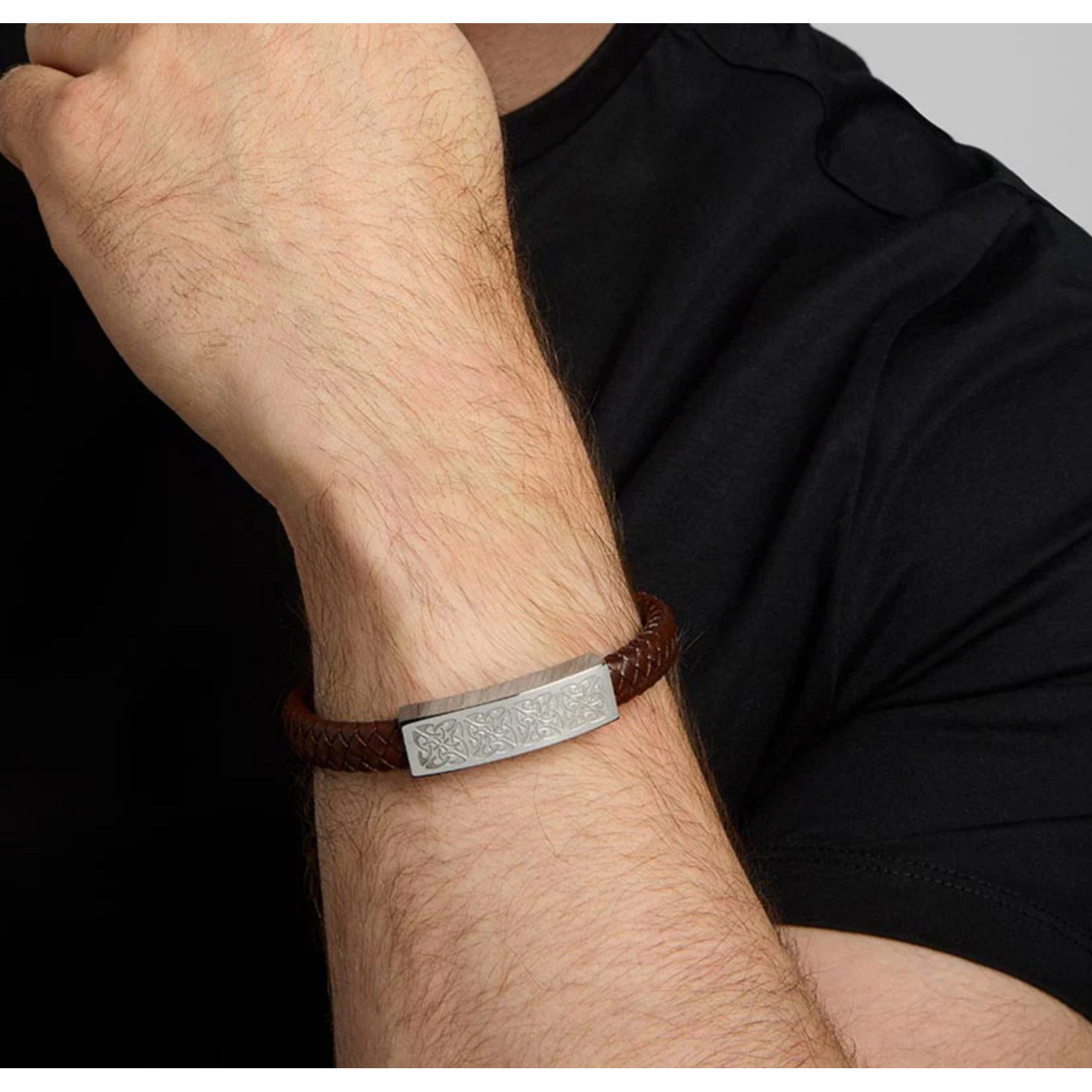 MENS JEWELRY SOLVAR CELTIC MAN STAINLESS STEEL & BRN LEATHER BRACELET