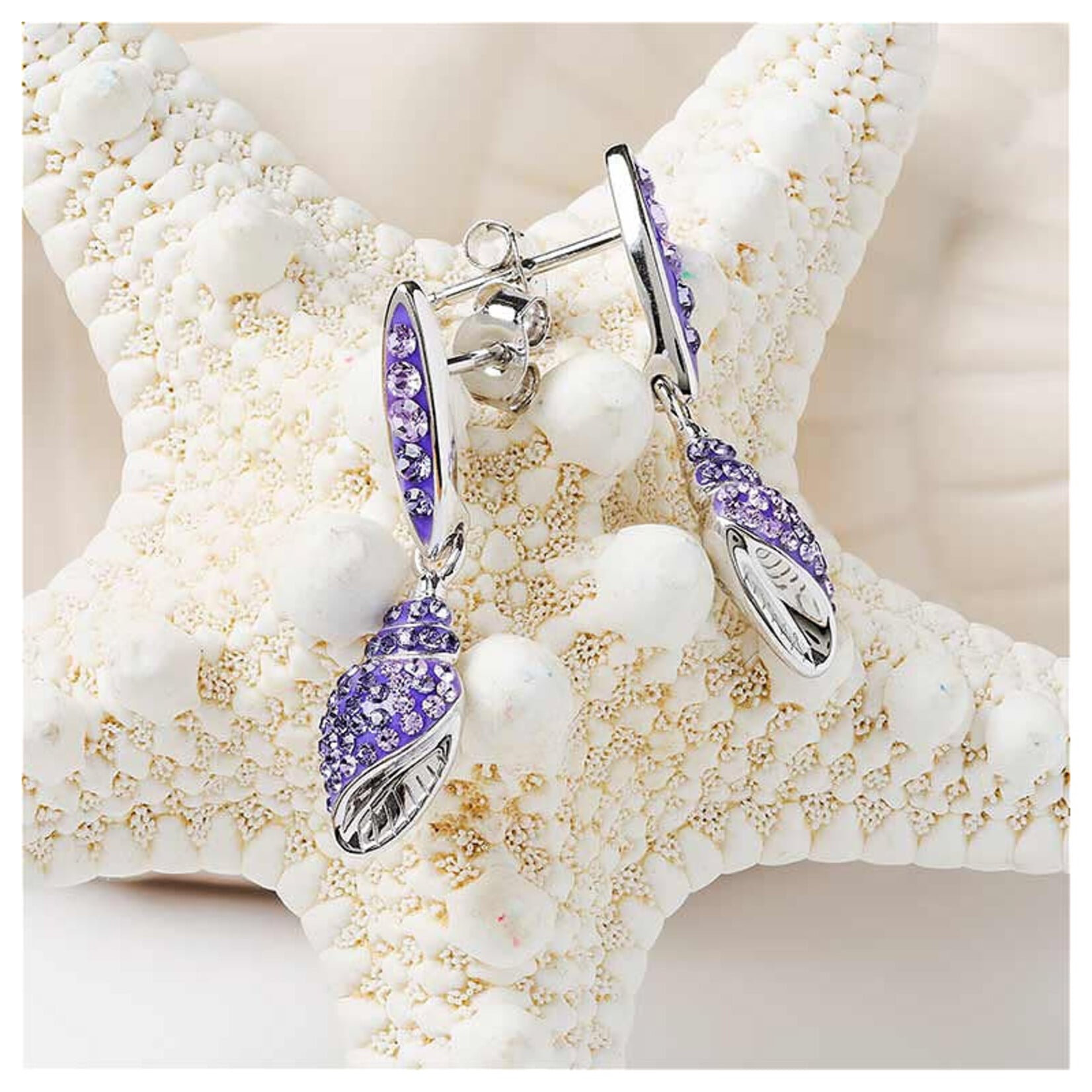 EARRINGS OCEAN STERLING & PURPLE CRYSTAL SHELL EARRINGS