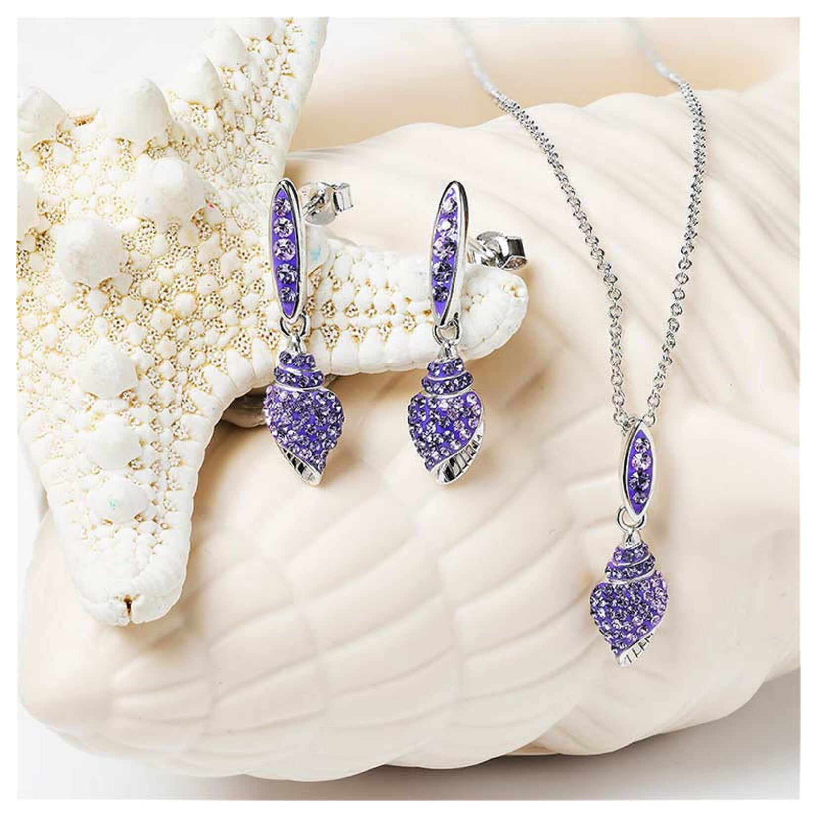 EARRINGS OCEAN STERLING & PURPLE CRYSTAL SHELL EARRINGS